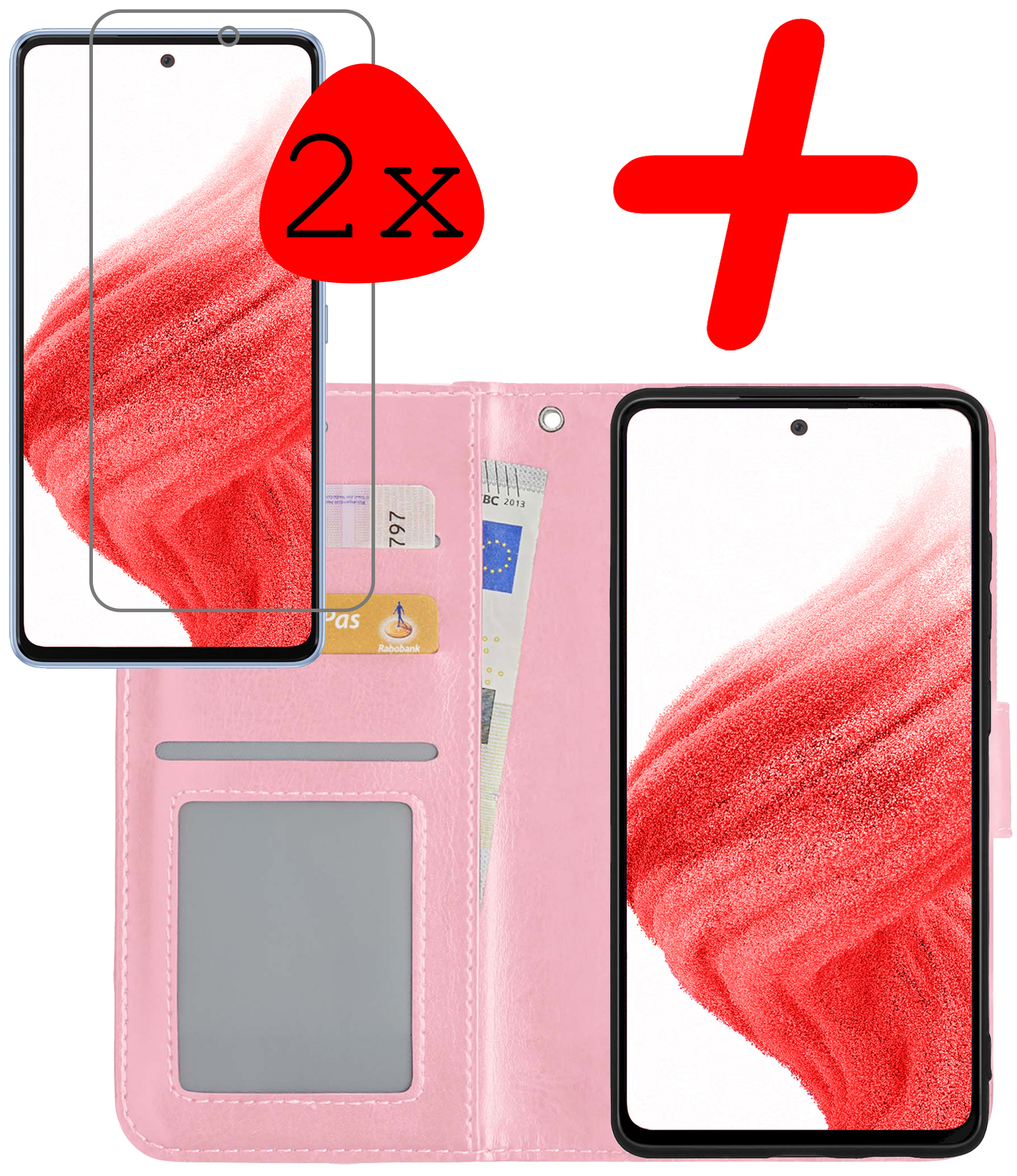 BASEY. Hoes Geschikt voor Samsung A53 Hoesje Bookcase Hoes Flip Case Book Cover Met 2x Screenprotector - Hoesje Geschikt voor Samsung Galaxy A53 Hoes Book Case Hoesje - Lichtroze