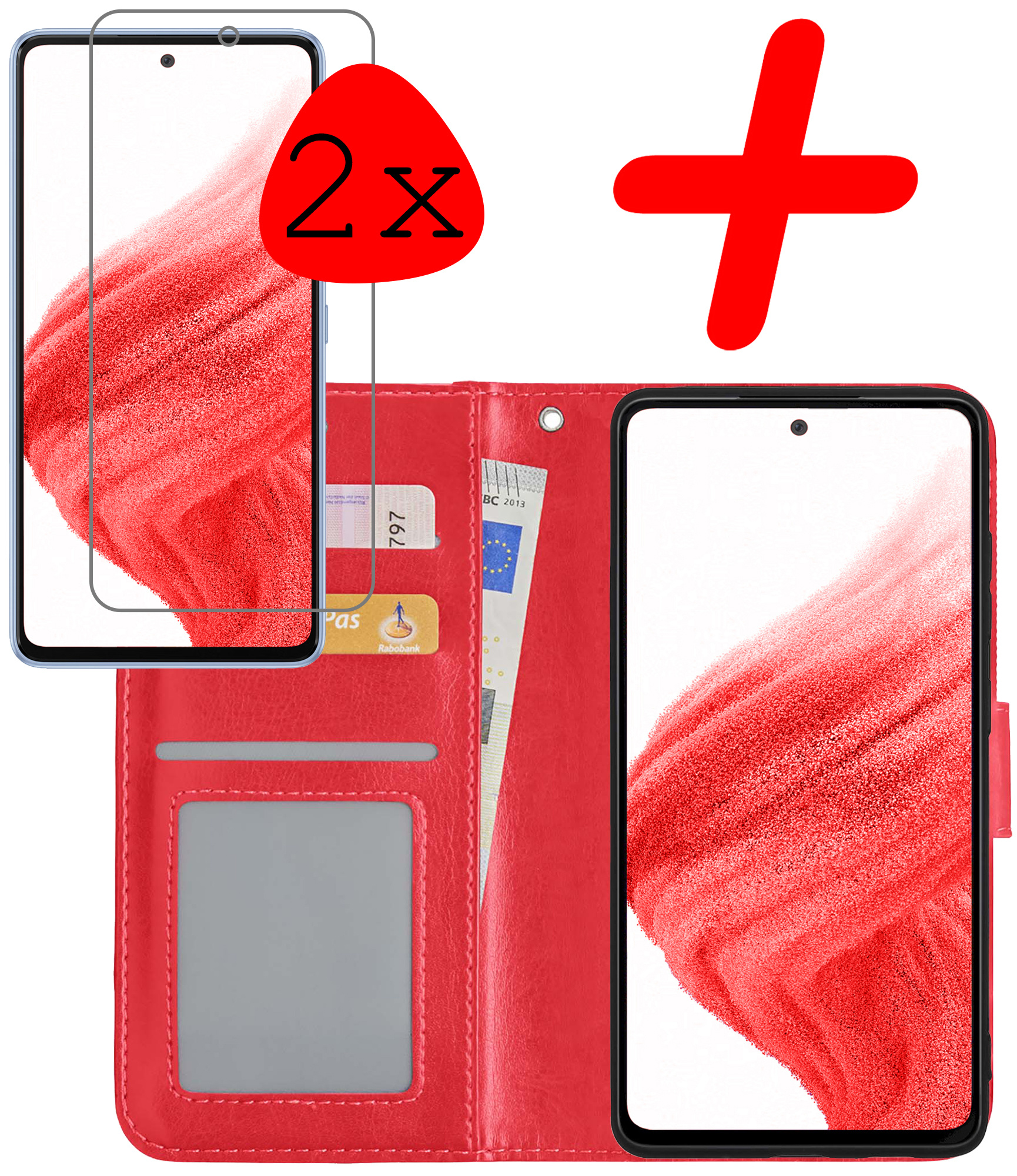 BASEY. Hoes Geschikt voor Samsung A53 Hoesje Bookcase Hoes Flip Case Book Cover Met 2x Screenprotector - Hoesje Geschikt voor Samsung Galaxy A53 Hoes Book Case Hoesje - Rood