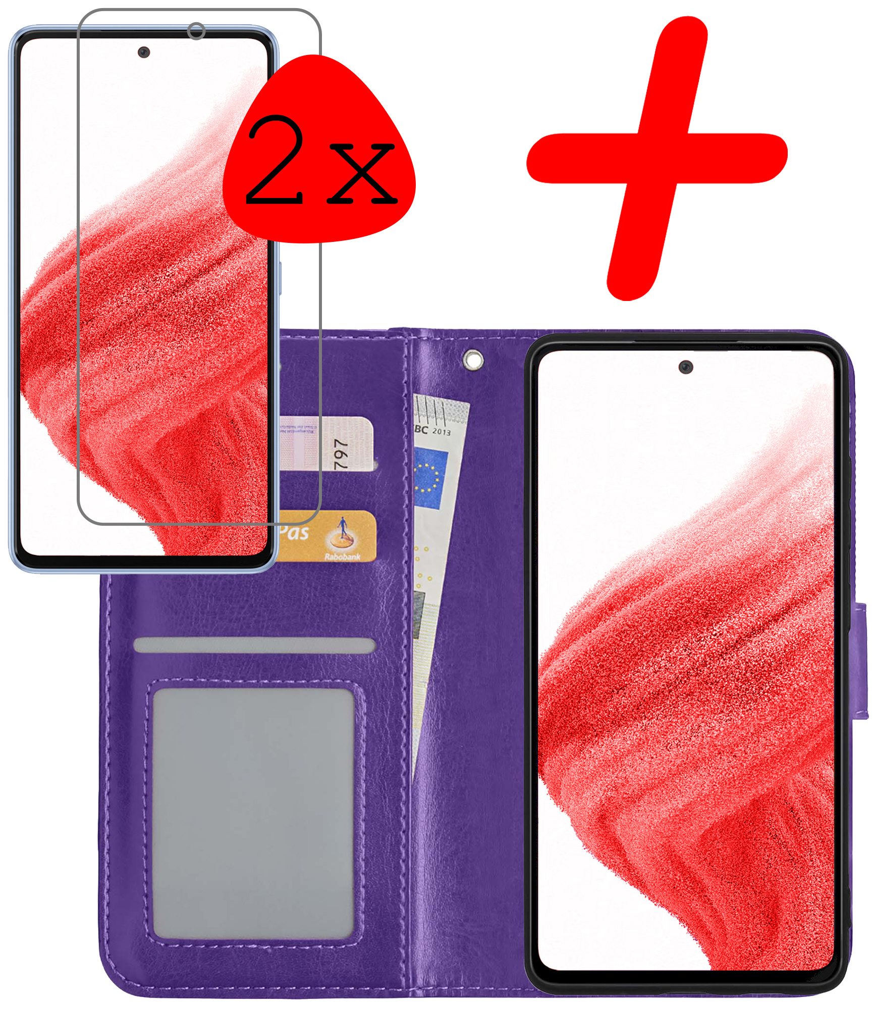 BASEY. Hoes Geschikt voor Samsung A53 Hoesje Bookcase Hoes Flip Case Book Cover Met 2x Screenprotector - Hoesje Geschikt voor Samsung Galaxy A53 Hoes Book Case Hoesje - Paars