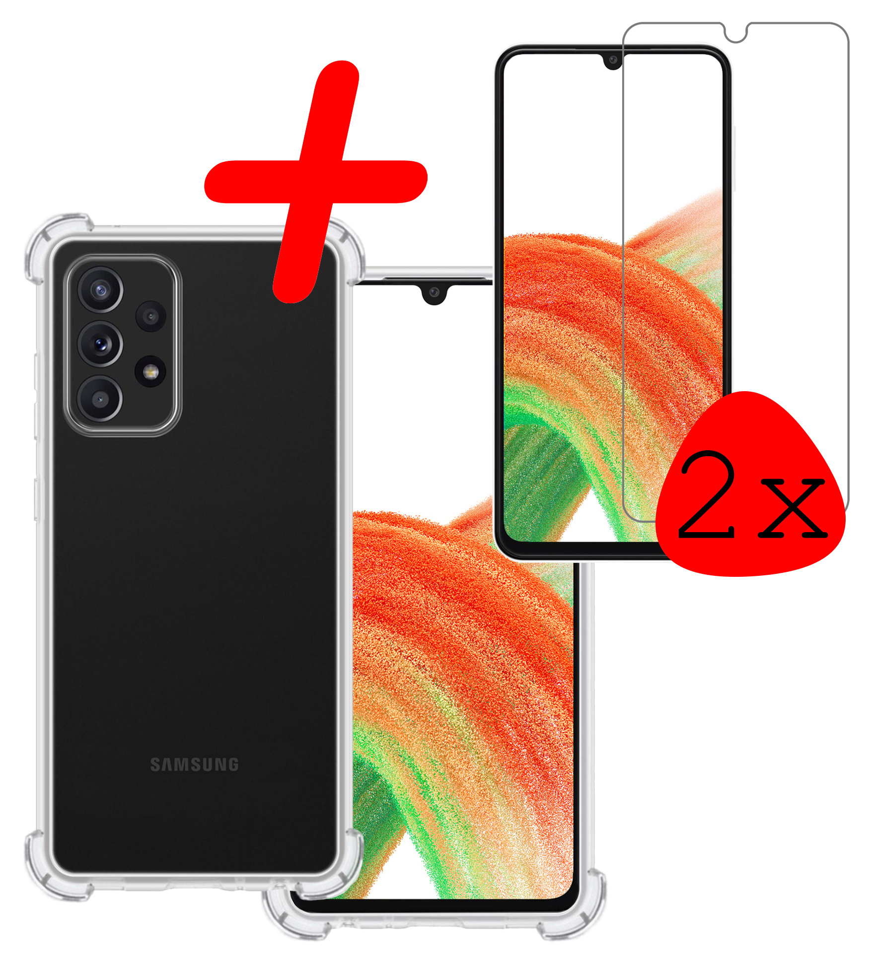 BASEY. Hoes Geschikt voor Samsung A33 Hoesje Shock Proof Case Hoes Siliconen Met 2x Screenprotector - Hoesje Geschikt voor Samsung Galaxy A33 Hoes Cover Shockproof - Transparant