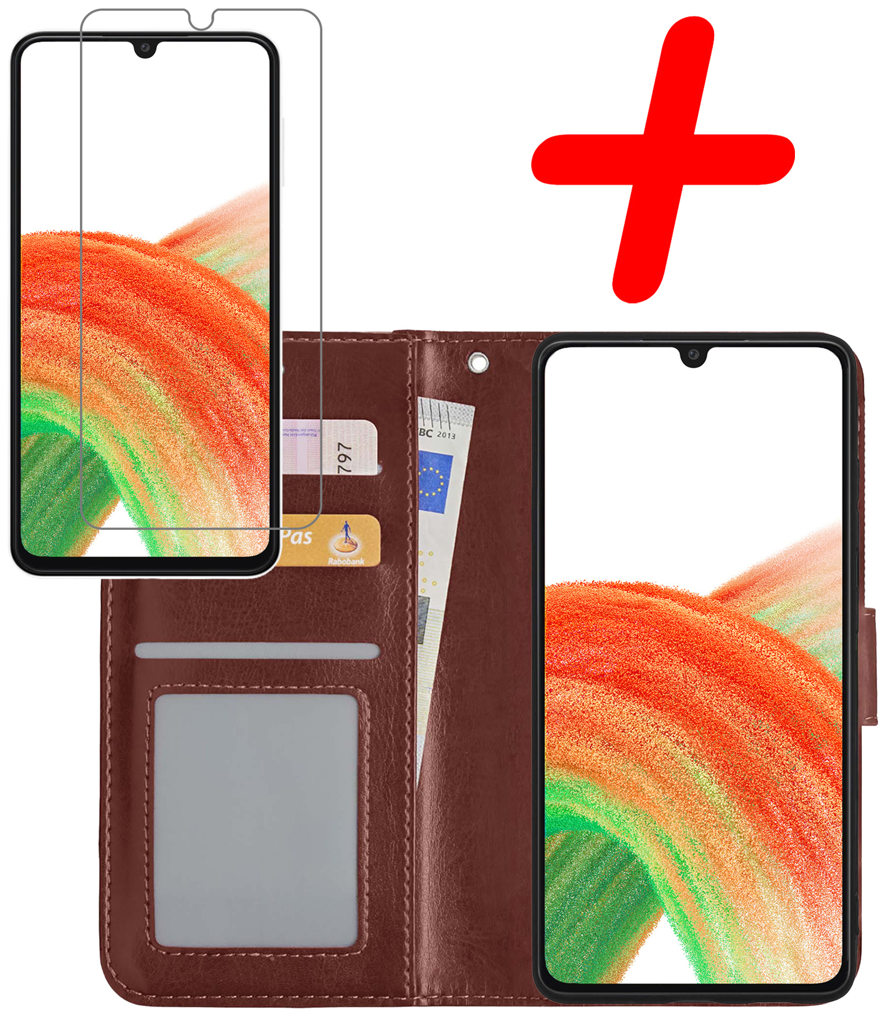 BASEY. Hoes Geschikt voor Samsung A33 Hoesje Bookcase Hoes Flip Case Book Cover Met Screenprotector - Hoesje Geschikt voor Samsung Galaxy A33 Hoes Book Case Hoesje - Bruin