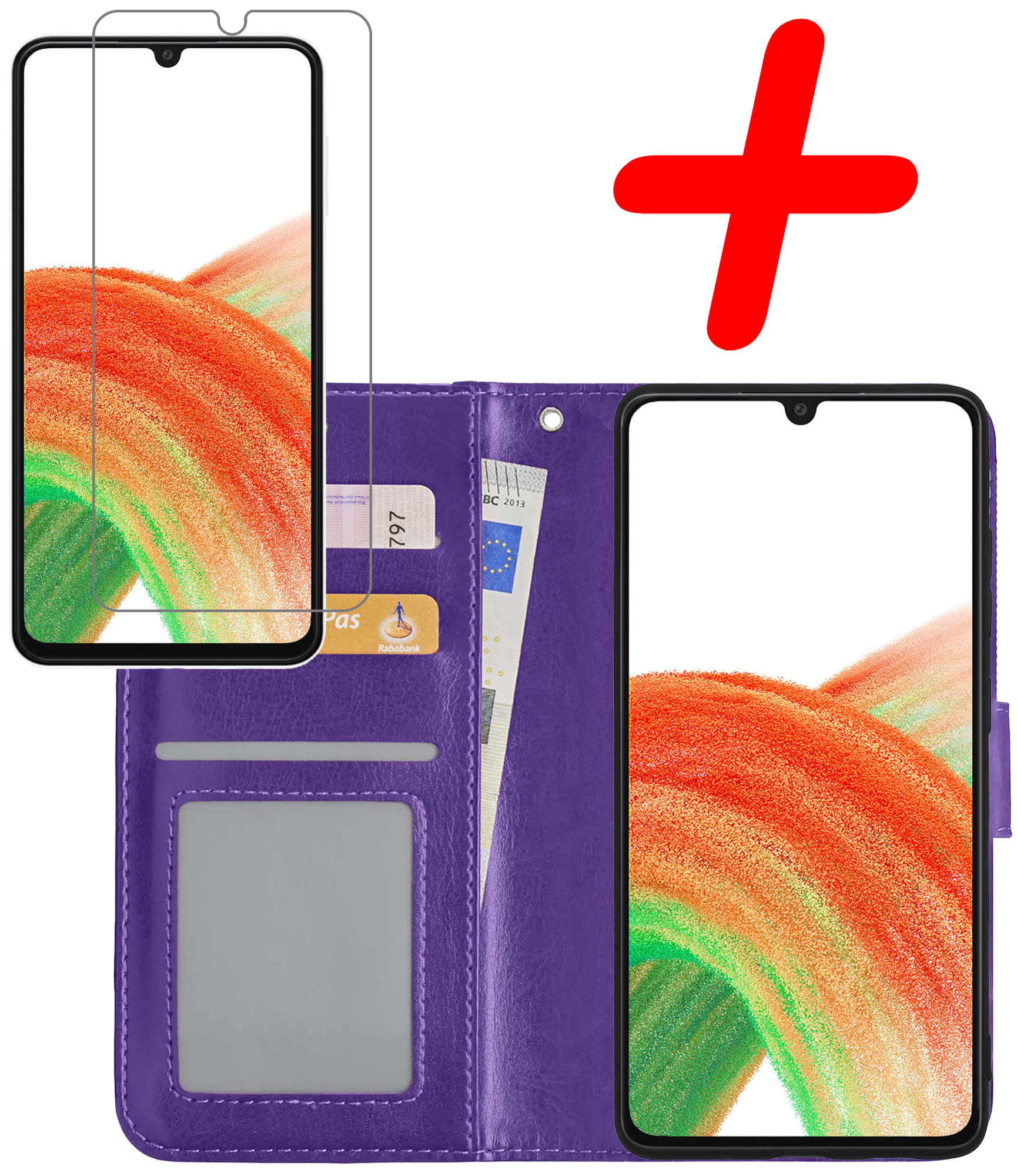 BASEY. Hoes Geschikt voor Samsung A33 Hoesje Bookcase Hoes Flip Case Book Cover Met Screenprotector - Hoesje Geschikt voor Samsung Galaxy A33 Hoes Book Case Hoesje - Paars