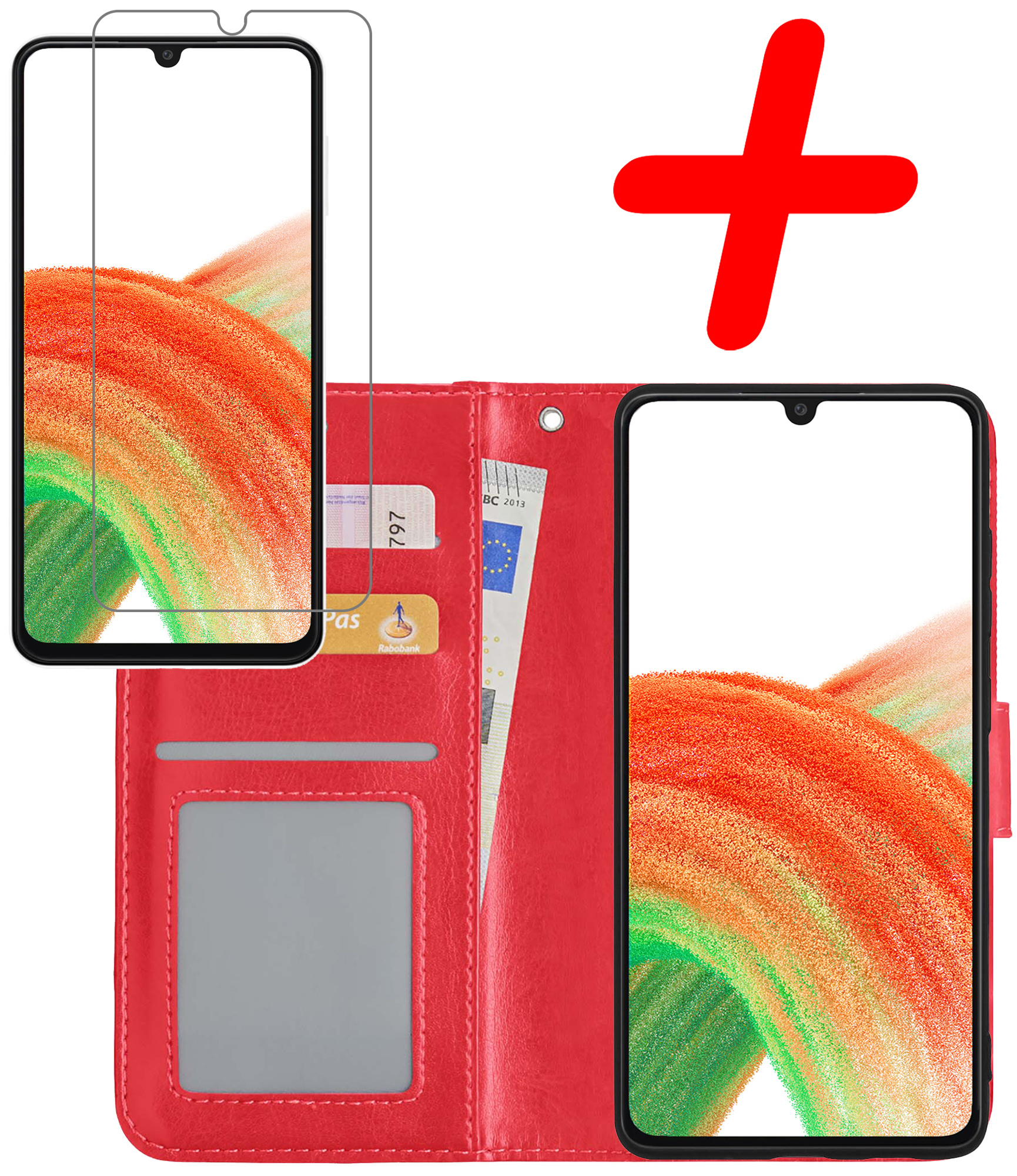 BASEY. Hoes Geschikt voor Samsung A33 Hoesje Bookcase Hoes Flip Case Book Cover Met Screenprotector - Hoesje Geschikt voor Samsung Galaxy A33 Hoes Book Case Hoesje - Rood
