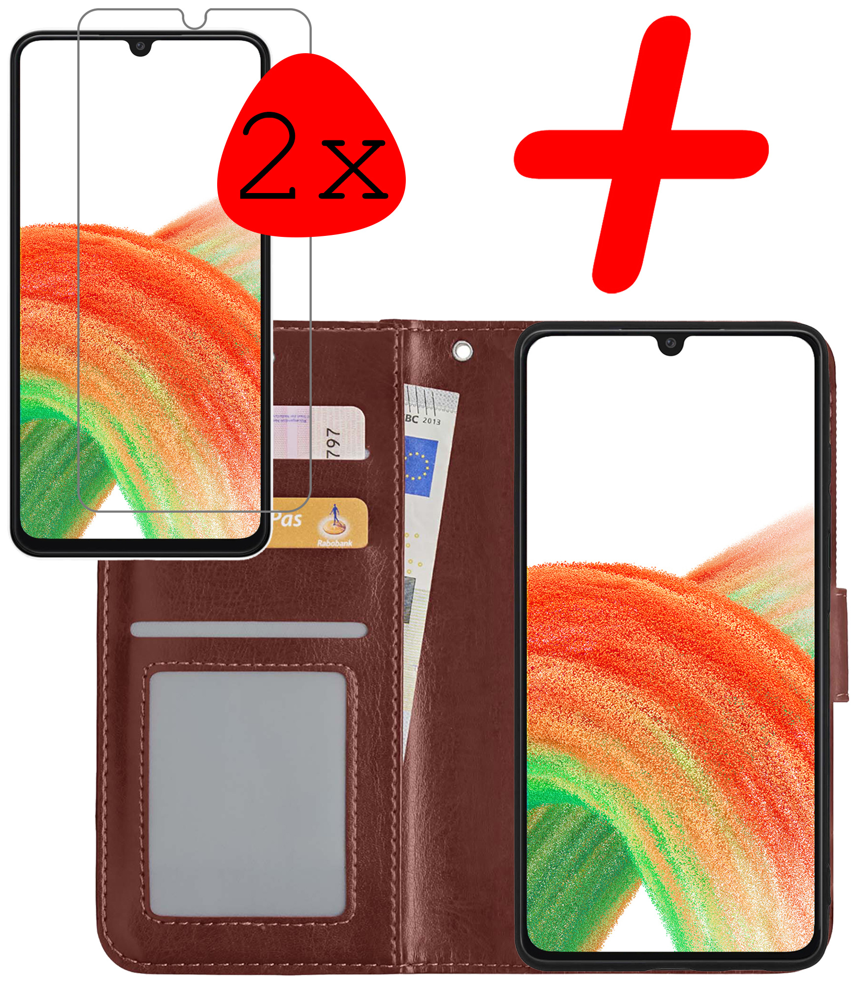 BASEY. Hoes Geschikt voor Samsung A33 Hoesje Bookcase Hoes Flip Case Book Cover Met 2x Screenprotector - Hoesje Geschikt voor Samsung Galaxy A33 Hoes Book Case Hoesje - Bruin