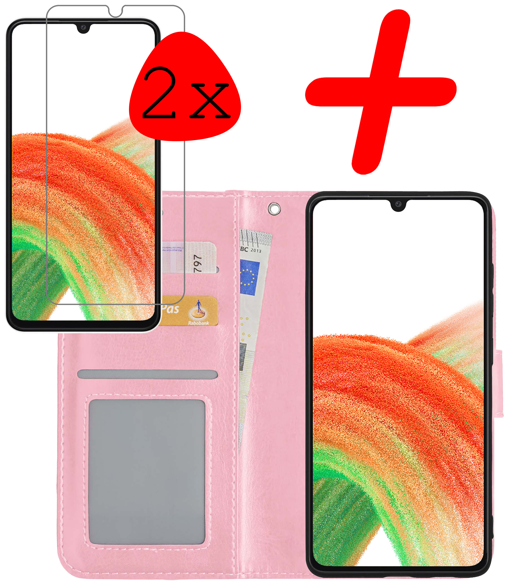 BASEY. Hoes Geschikt voor Samsung A33 Hoesje Bookcase Hoes Flip Case Book Cover Met 2x Screenprotector - Hoesje Geschikt voor Samsung Galaxy A33 Hoes Book Case Hoesje - Lichtroze