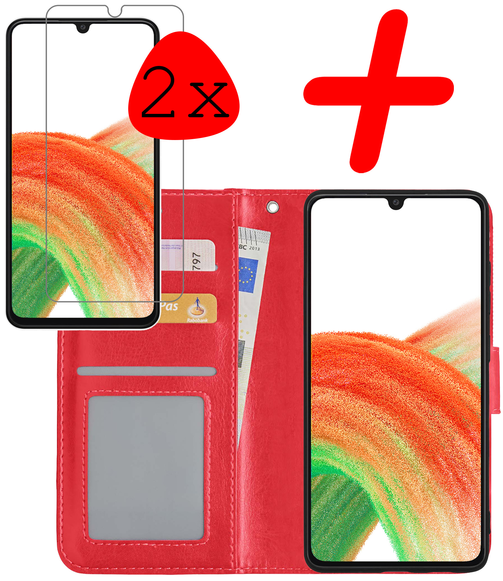 BASEY. Hoes Geschikt voor Samsung A33 Hoesje Bookcase Hoes Flip Case Book Cover Met 2x Screenprotector - Hoesje Geschikt voor Samsung Galaxy A33 Hoes Book Case Hoesje - Rood