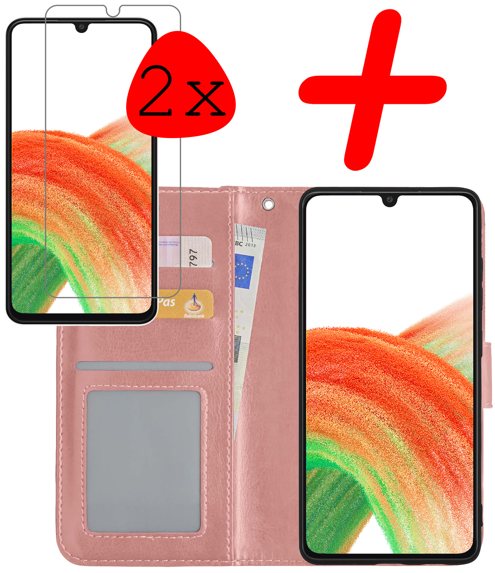 BASEY. Hoes Geschikt voor Samsung A33 Hoesje Bookcase Hoes Flip Case Book Cover Met 2x Screenprotector - Hoesje Geschikt voor Samsung Galaxy A33 Hoes Book Case Hoesje - Rosé goud