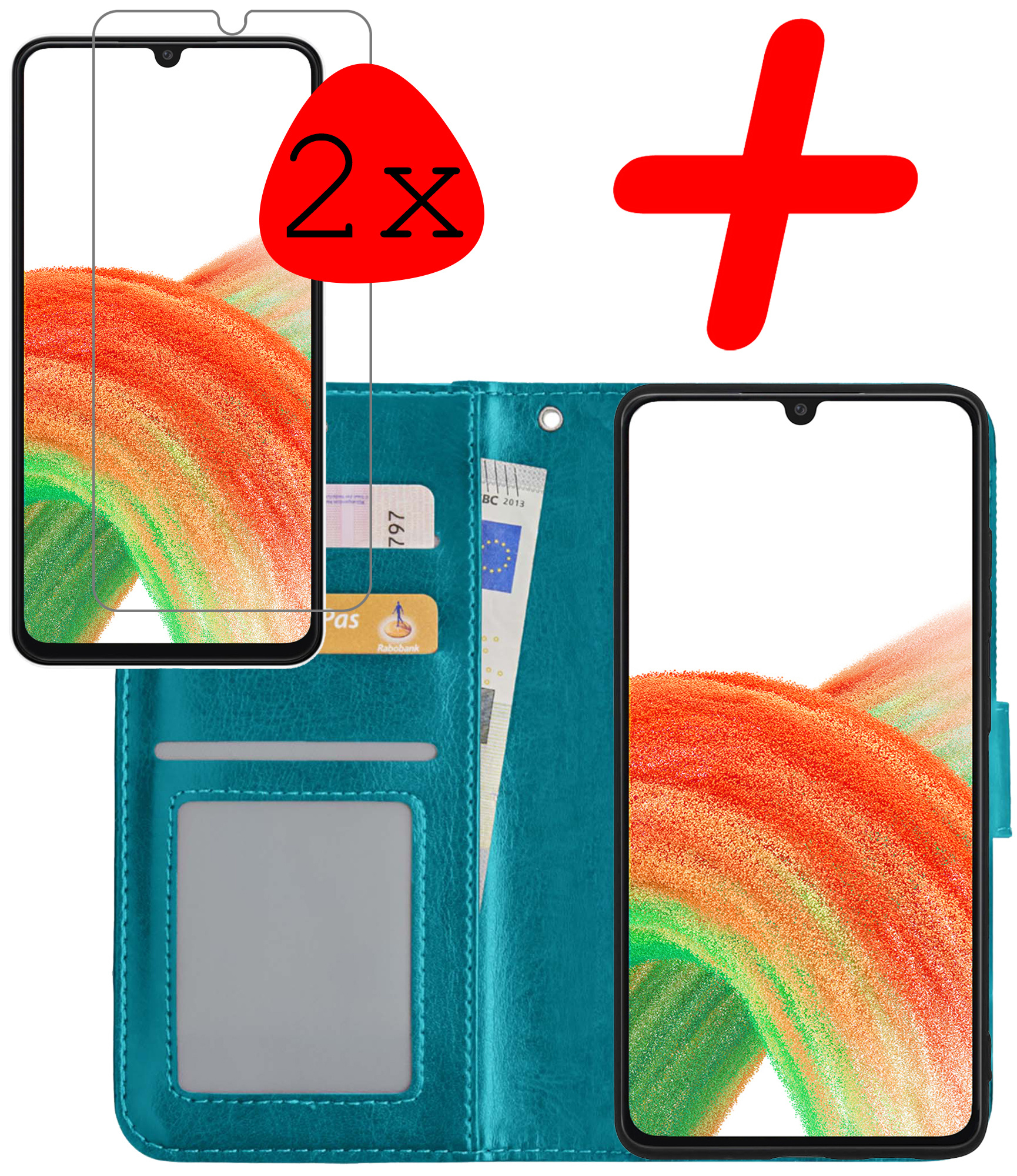 BASEY. Hoes Geschikt voor Samsung A33 Hoesje Bookcase Hoes Flip Case Book Cover Met 2x Screenprotector - Hoesje Geschikt voor Samsung Galaxy A33 Hoes Book Case Hoesje - Turquoise