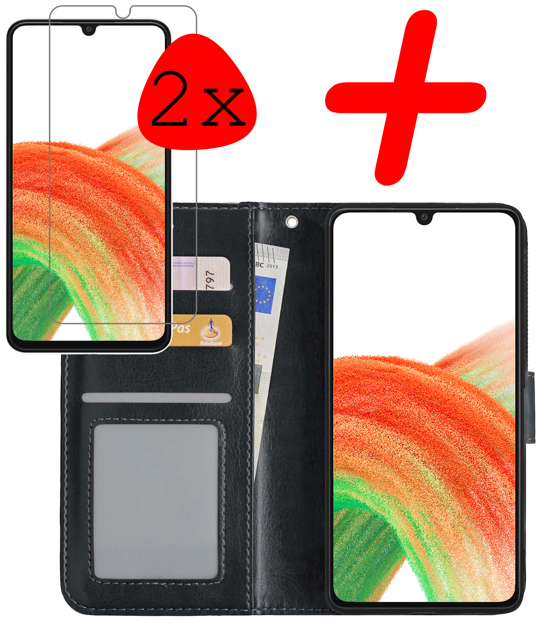 BASEY. Hoes Geschikt voor Samsung A33 Hoesje Bookcase Hoes Flip Case Book Cover Met 2x Screenprotector - Hoesje Geschikt voor Samsung Galaxy A33 Hoes Book Case Hoesje - Zwart