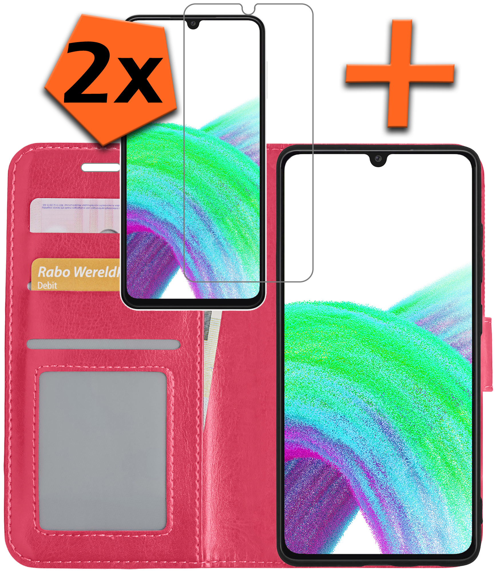 Nomfy Hoesje Geschikt voor Samsung A33 Hoes Bookcase Flipcase Book Cover Met 2x Screenprotector - Hoes Geschikt voor Samsung Galaxy A33 Hoesje Book Case - Donkerroze