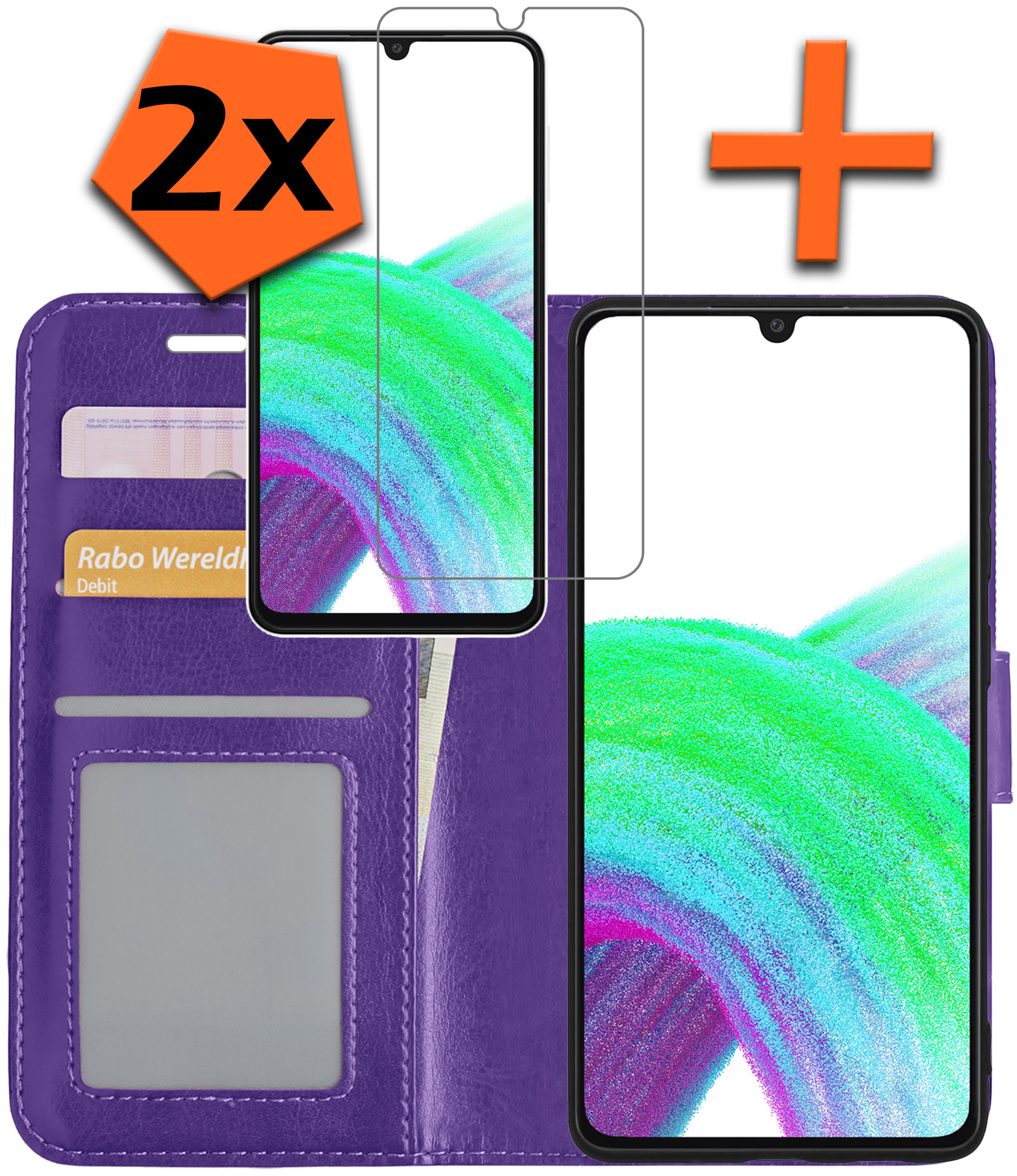 Nomfy Hoesje Geschikt voor Samsung A33 Hoes Bookcase Flipcase Book Cover Met 2x Screenprotector - Hoes Geschikt voor Samsung Galaxy A33 Hoesje Book Case - Paars