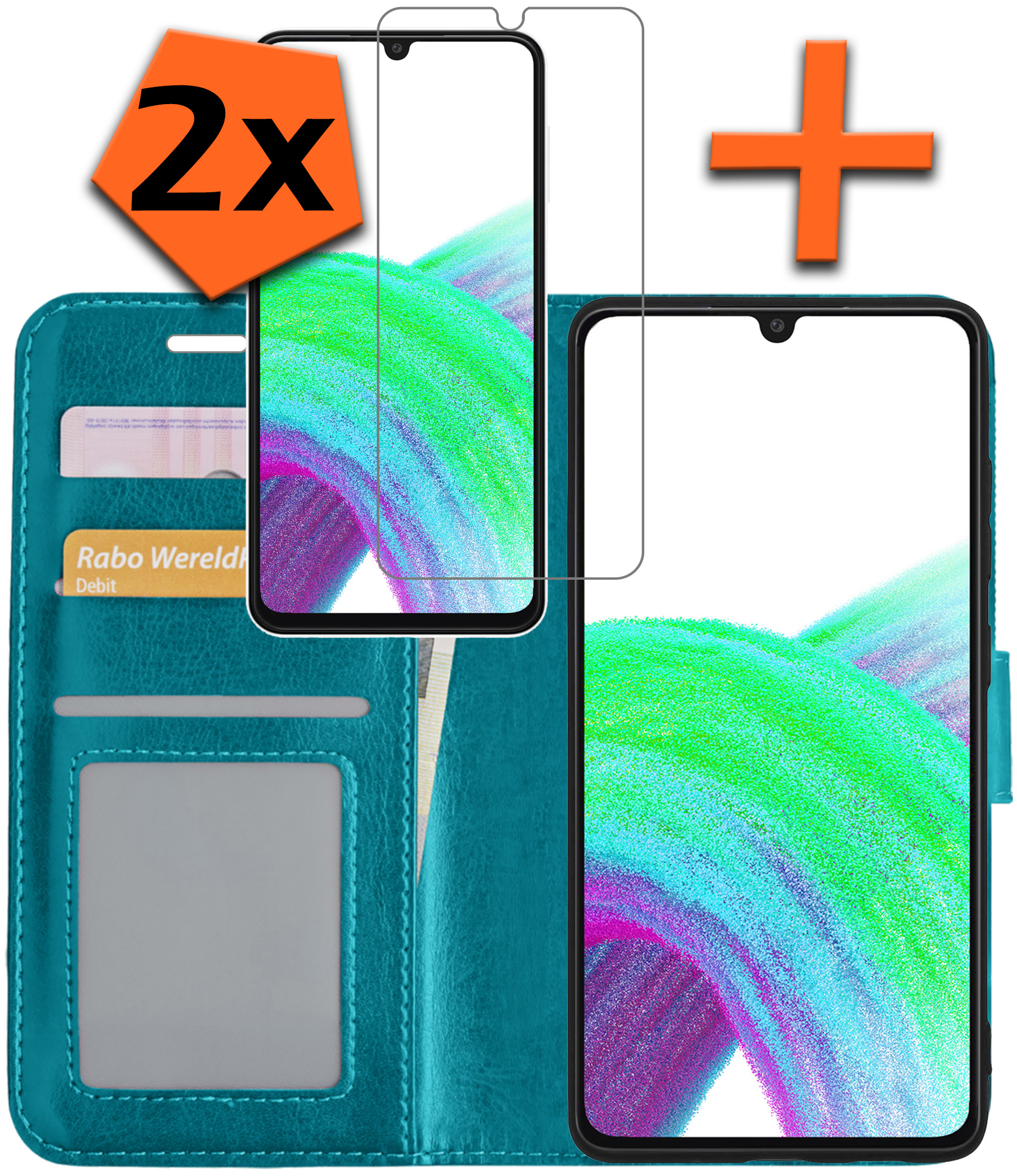 Nomfy Hoesje Geschikt voor Samsung A33 Hoes Bookcase Flipcase Book Cover Met 2x Screenprotector - Hoes Geschikt voor Samsung Galaxy A33 Hoesje Book Case - Turquoise