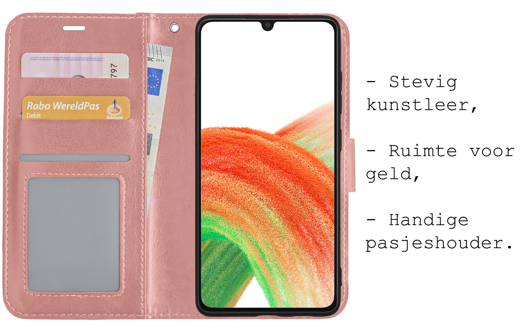 BASEY. Hoes Geschikt voor Samsung A33 Hoesje Bookcase Hoes Flip Case Book Cover Met Screenprotector - Hoesje Geschikt voor Samsung Galaxy A33 Hoes Book Case Hoesje - Rosé goud