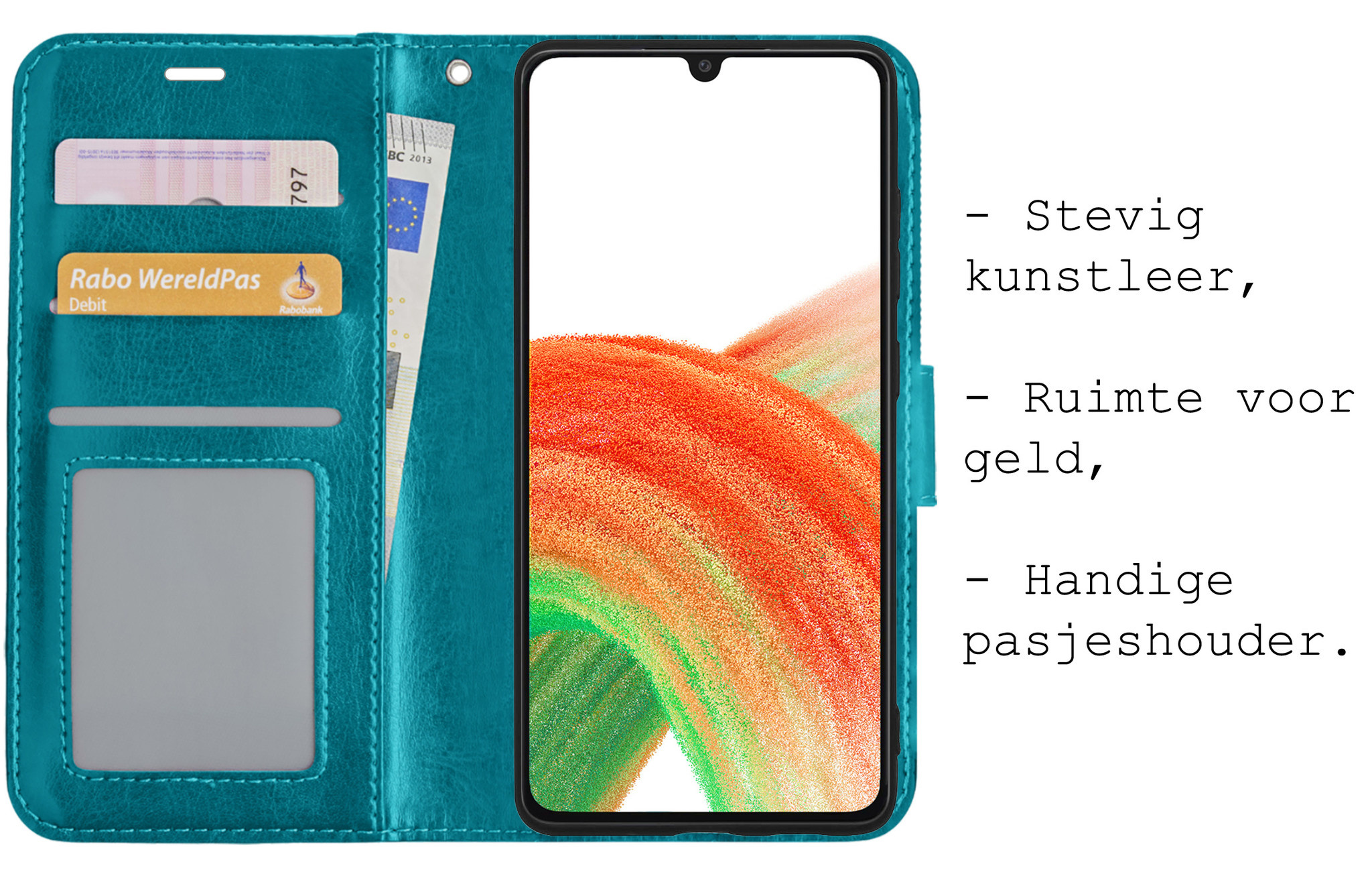 BASEY. Hoes Geschikt voor Samsung A33 Hoesje Bookcase Hoes Flip Case Book Cover Met 2x Screenprotector - Hoesje Geschikt voor Samsung Galaxy A33 Hoes Book Case Hoesje - Turquoise
