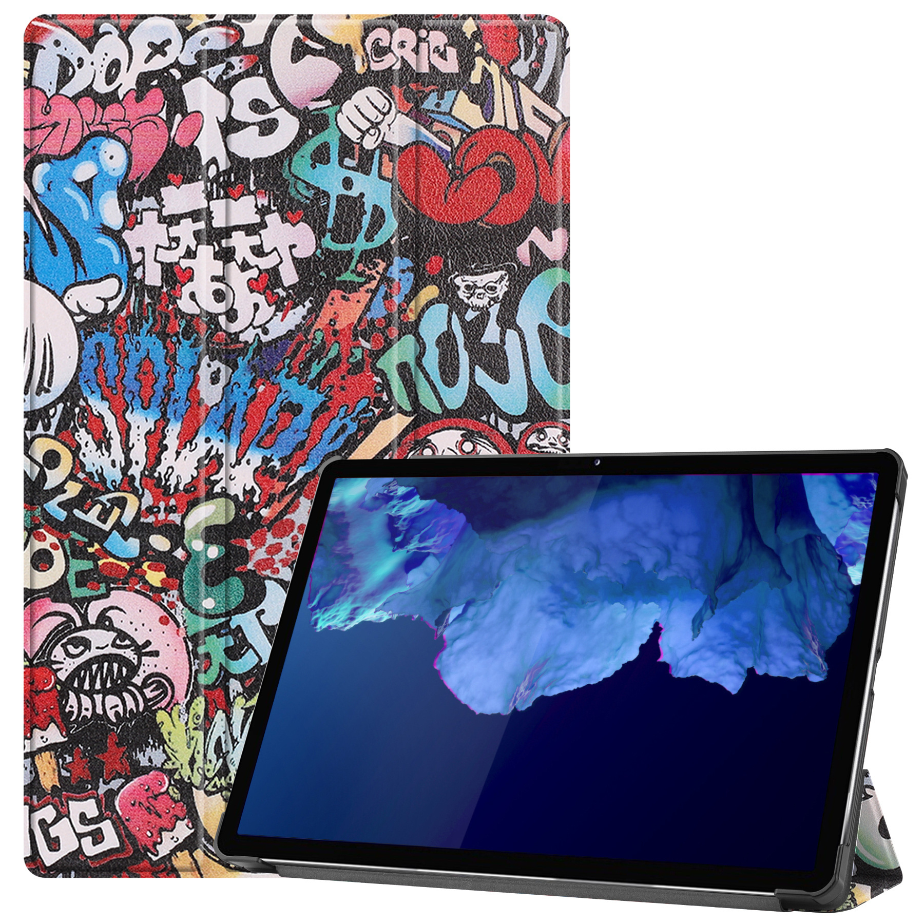 Nomfy Hoes Geschikt voor Lenovo Tab P11 Hoes Tri-fold Tablet Hoesje Case Met Screenprotector - Hoesje Geschikt voor Lenovo Tab P11 Hoesje Hardcover Bookcase - Graffity