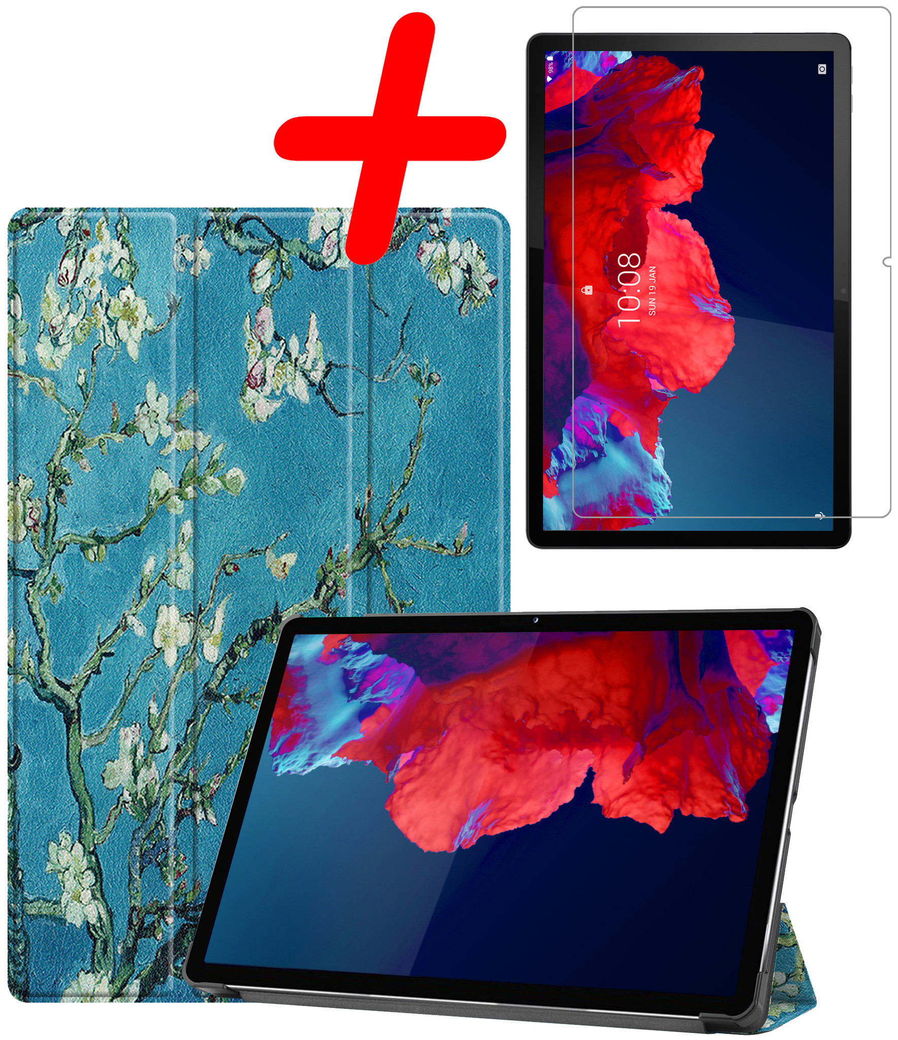 BASEY. Hoesje Geschikt voor Lenovo Tab P11 Hoes Case Tablet Hoesje Tri-fold Met Screenprotector - Hoes Geschikt voor Lenovo Tab P11 Hoesje Hard Cover Bookcase Hoes - Bloesem