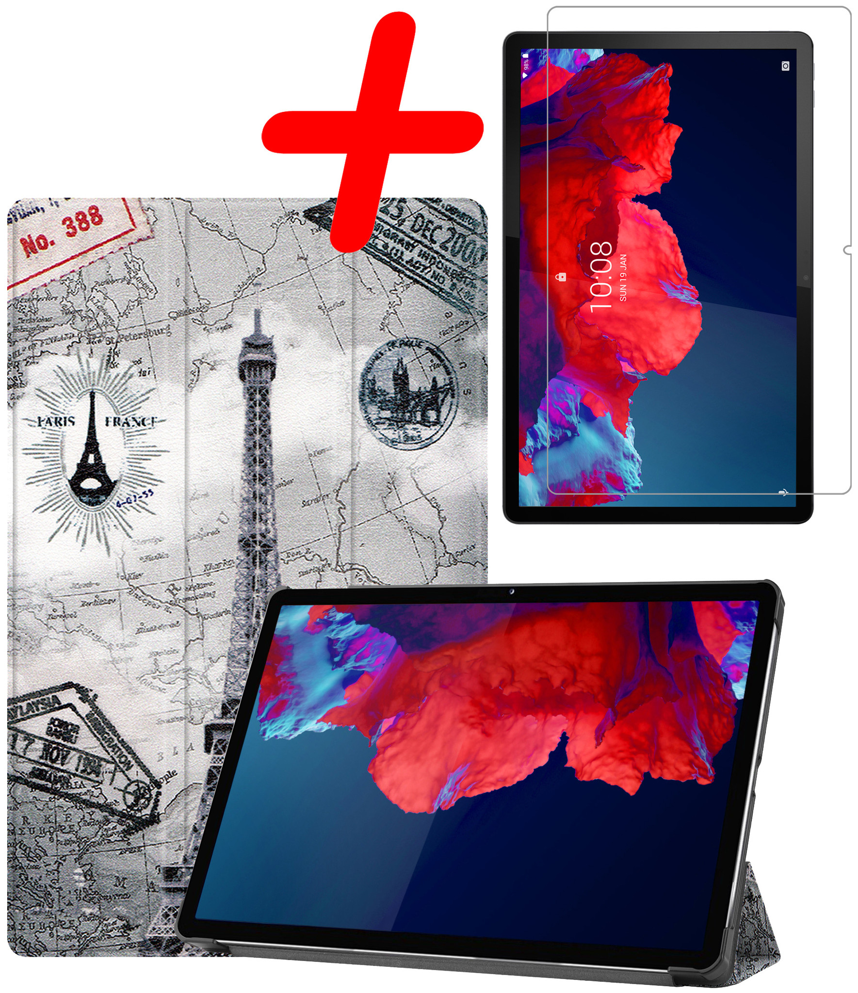 BASEY. Hoesje Geschikt voor Lenovo Tab P11 Hoes Case Tablet Hoesje Tri-fold Met Screenprotector - Hoes Geschikt voor Lenovo Tab P11 Hoesje Hard Cover Bookcase Hoes - Eiffeltoren