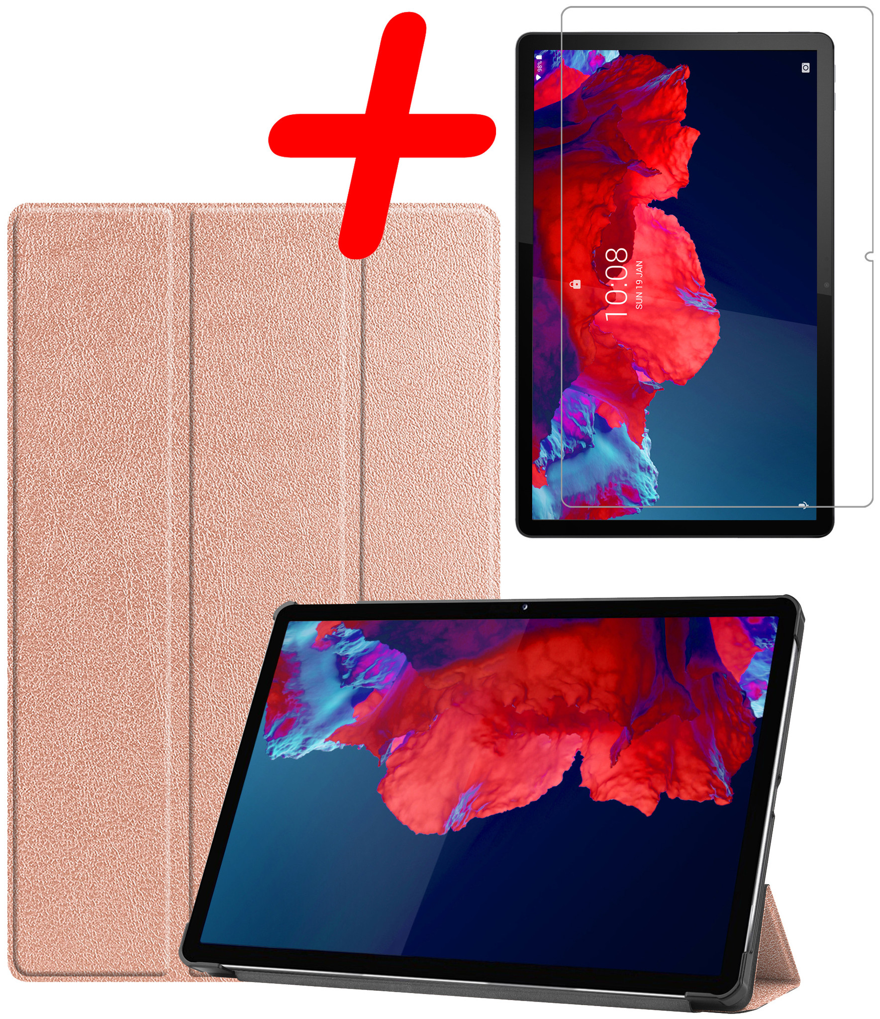 BASEY. Hoesje Geschikt voor Lenovo Tab P11 Hoes Case Tablet Hoesje Tri-fold Met Screenprotector - Hoes Geschikt voor Lenovo Tab P11 Hoesje Hard Cover Bookcase Hoes - Rosé goud