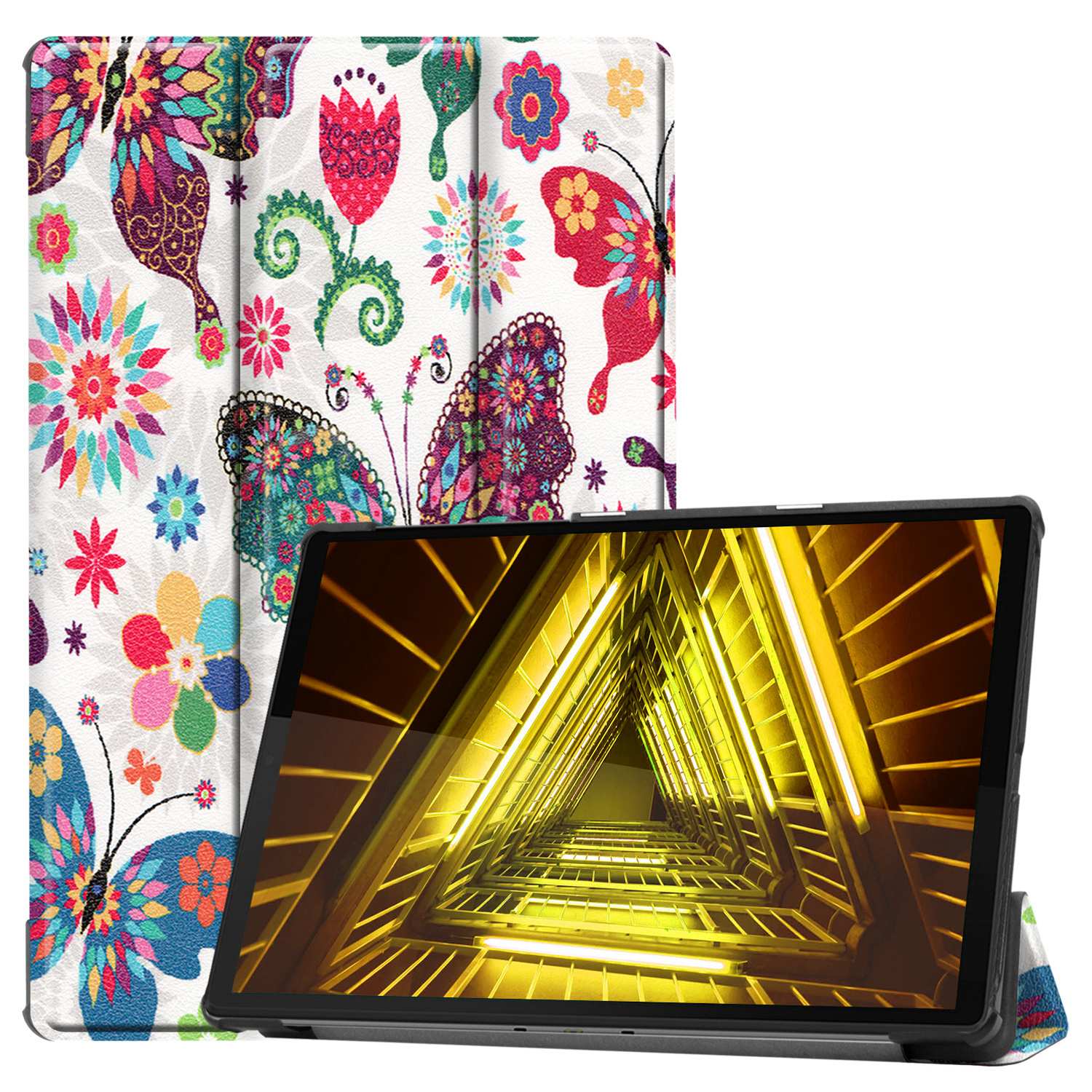 Nomfy Hoes Geschikt voor Lenovo Tab M10 FHD Plus 2nd Gen Hoes Tri-fold Tablet Hoesje Case Met Screenprotector - Hoesje Geschikt voor Lenovo Tab M10 FHD Plus (2e Gen) Hoesje Hardcover Bookcase - Vlinders
