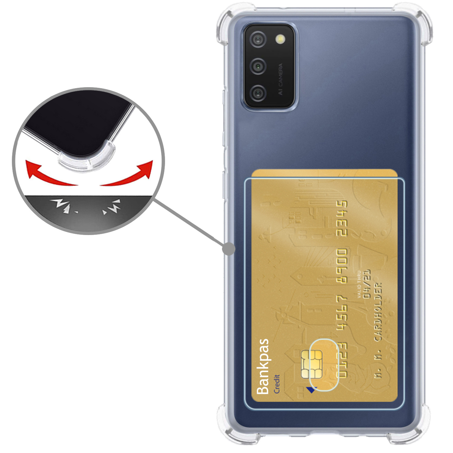 Nomfy Hoesje Geschikt voor Samsung A02s Hoesje Pasjeshouder Shockproof Pas Houder - Hoesje Geschikt voor Samsung Galaxy A02s Hoes Met Kaarthouder - Transparant - 2 PACK