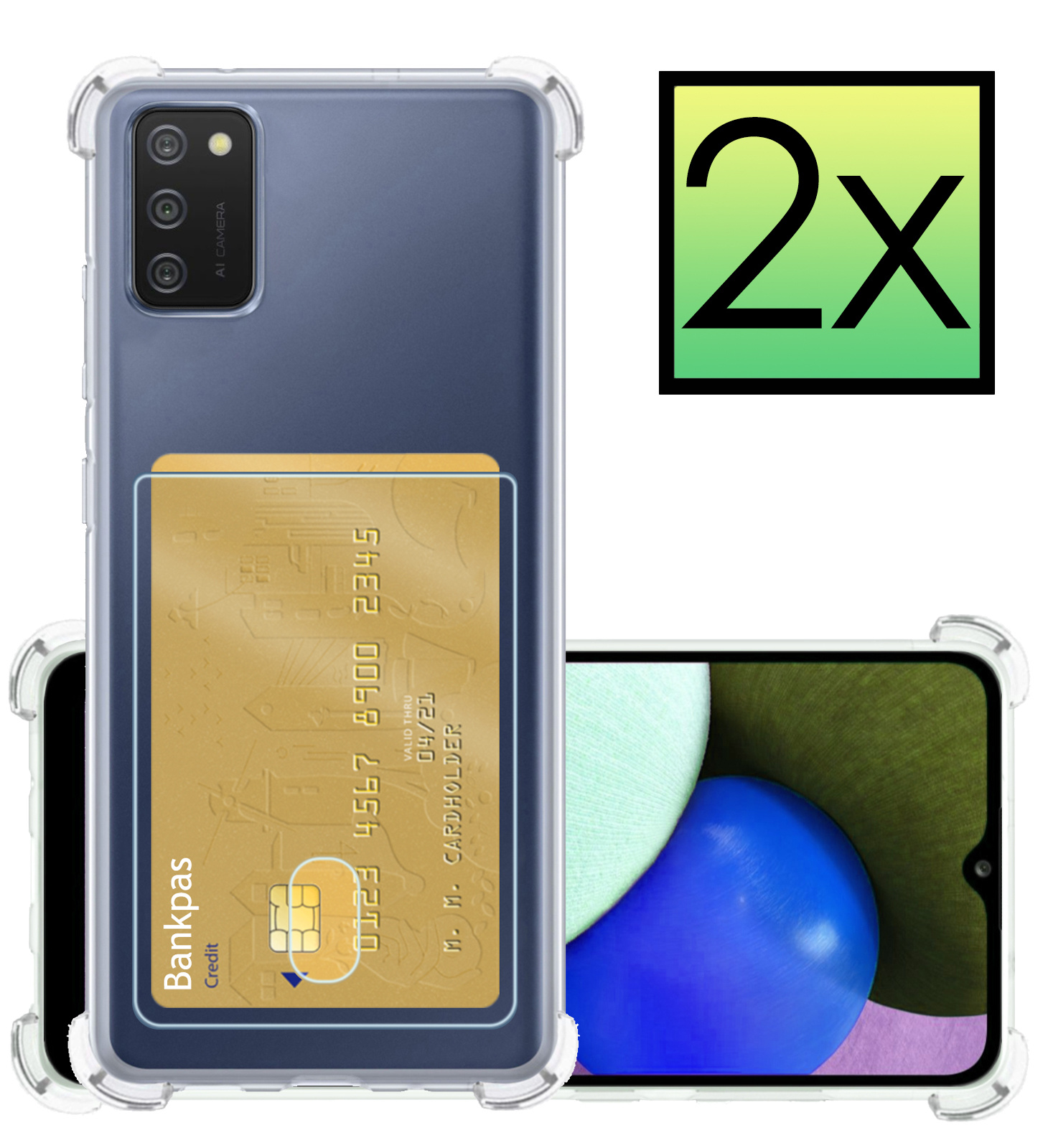 NoXx Hoes Geschikt voor Samsung A03s Hoesje Pasjeshouder Cover Shock Proof Case Siliconen Hoes Met Kaarthouder - Transparant - 2x
