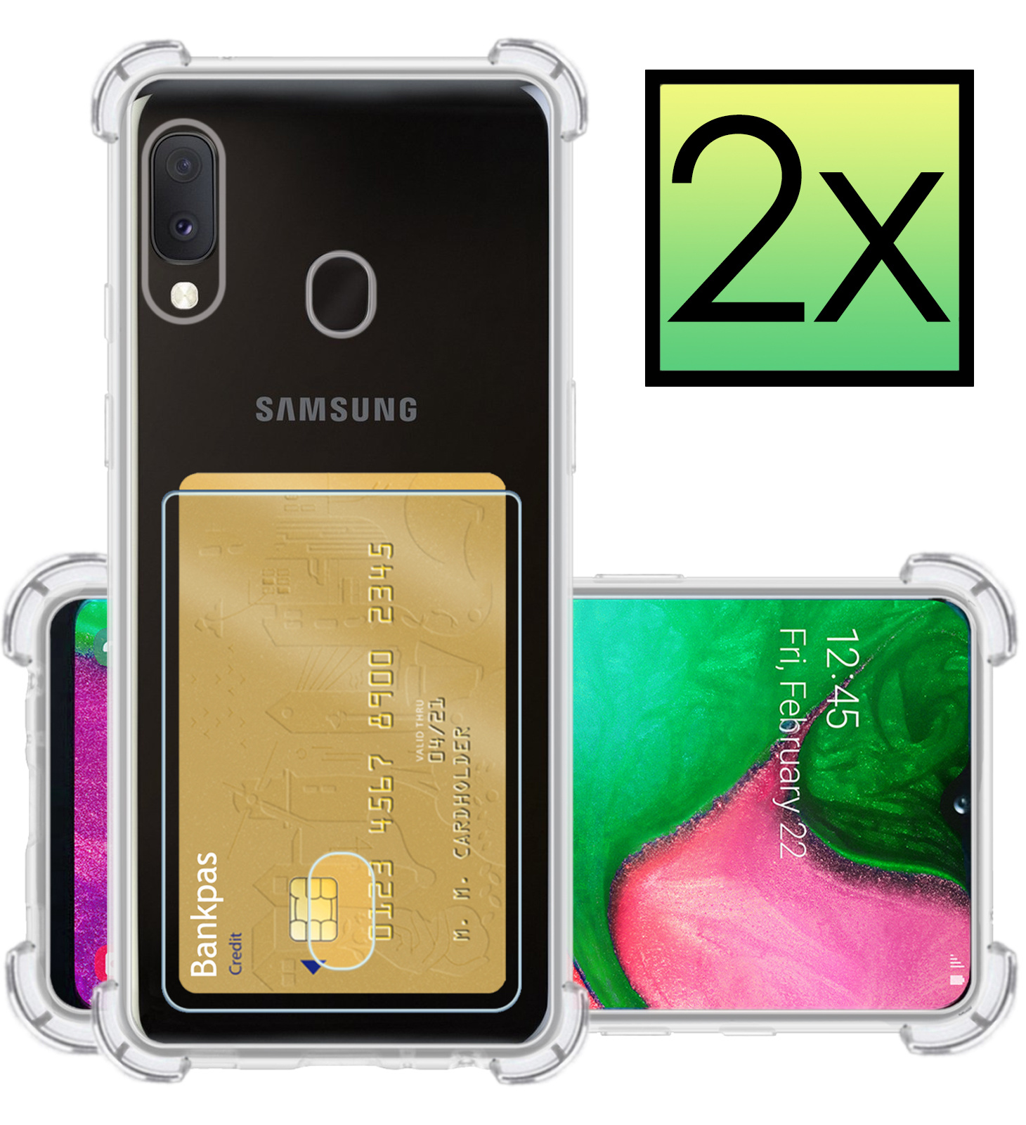 NoXx Hoes Geschikt voor Samsung A20e Hoesje Pasjeshouder Cover Shock Proof Case Siliconen Hoes Met Kaarthouder - Transparant - 2x