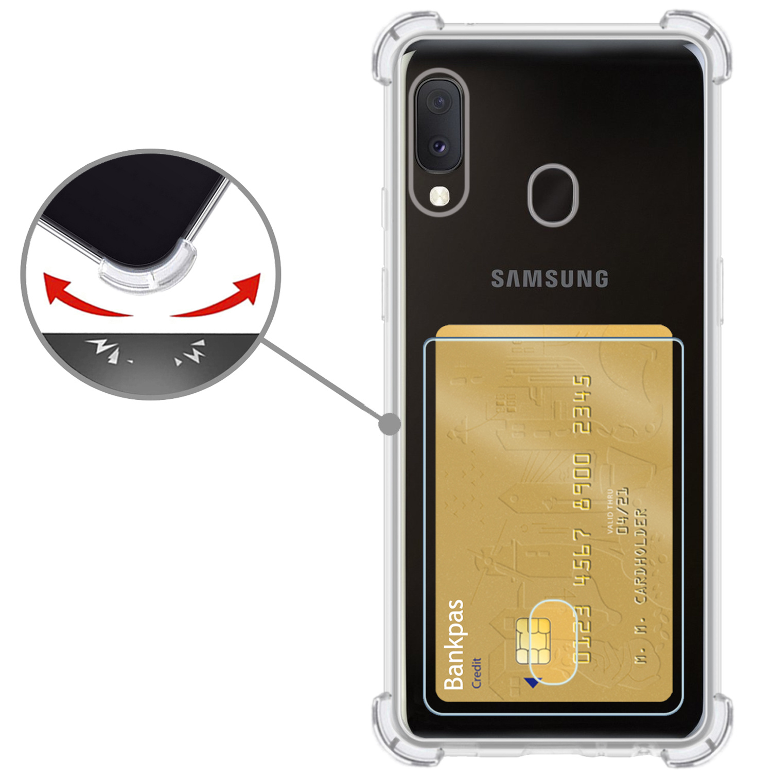 Nomfy Hoesje Geschikt voor Samsung A20e Hoesje Pasjeshouder Shockproof Pas Houder - Hoesje Geschikt voor Samsung Galaxy A20e Hoes Met Kaarthouder - Transparant