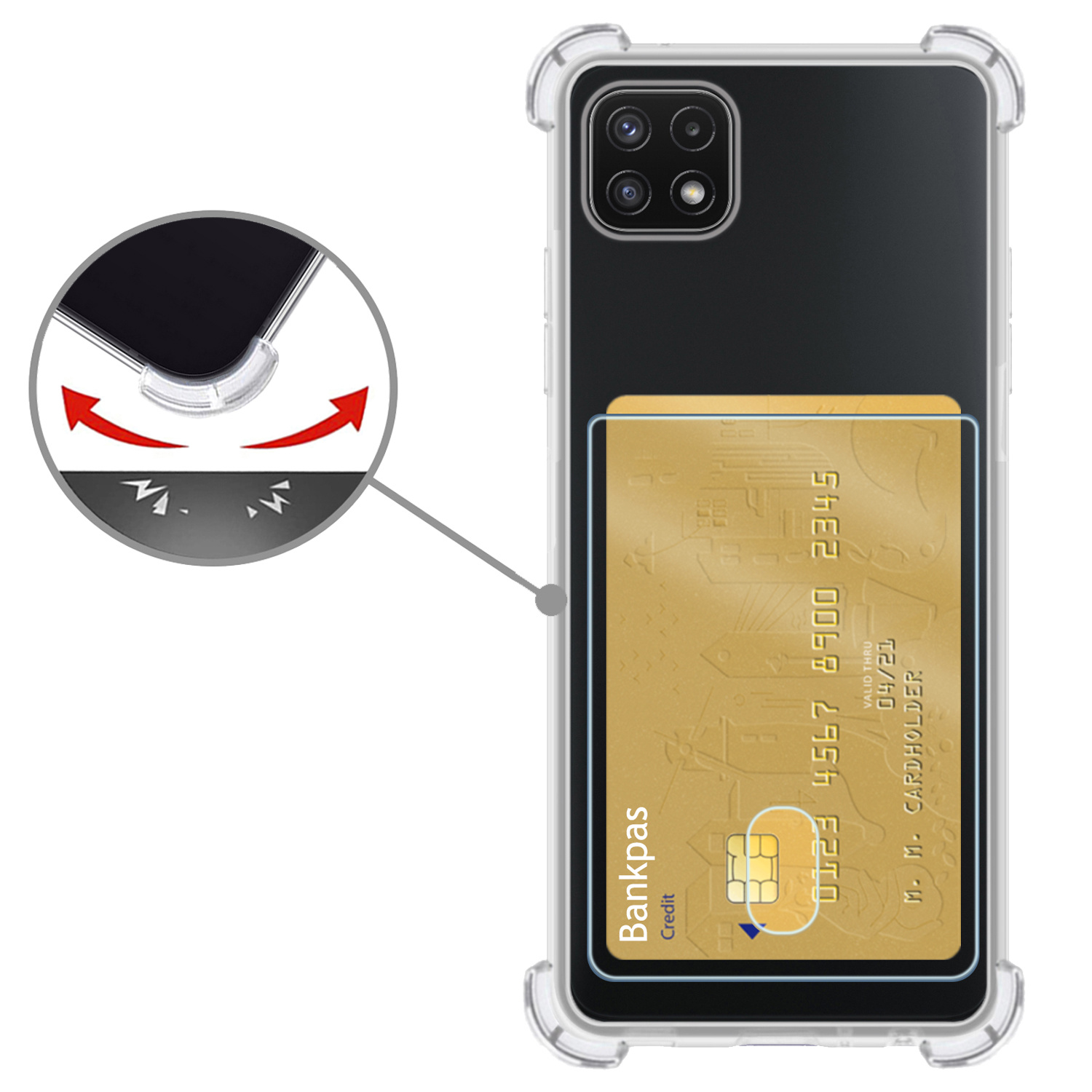 Nomfy Hoesje Geschikt voor Samsung A22 5G Hoesje Pasjeshouder Shockproof Pas Houder - Hoesje Geschikt voor Samsung Galaxy A22 5G Hoes Met Kaarthouder - Transparant