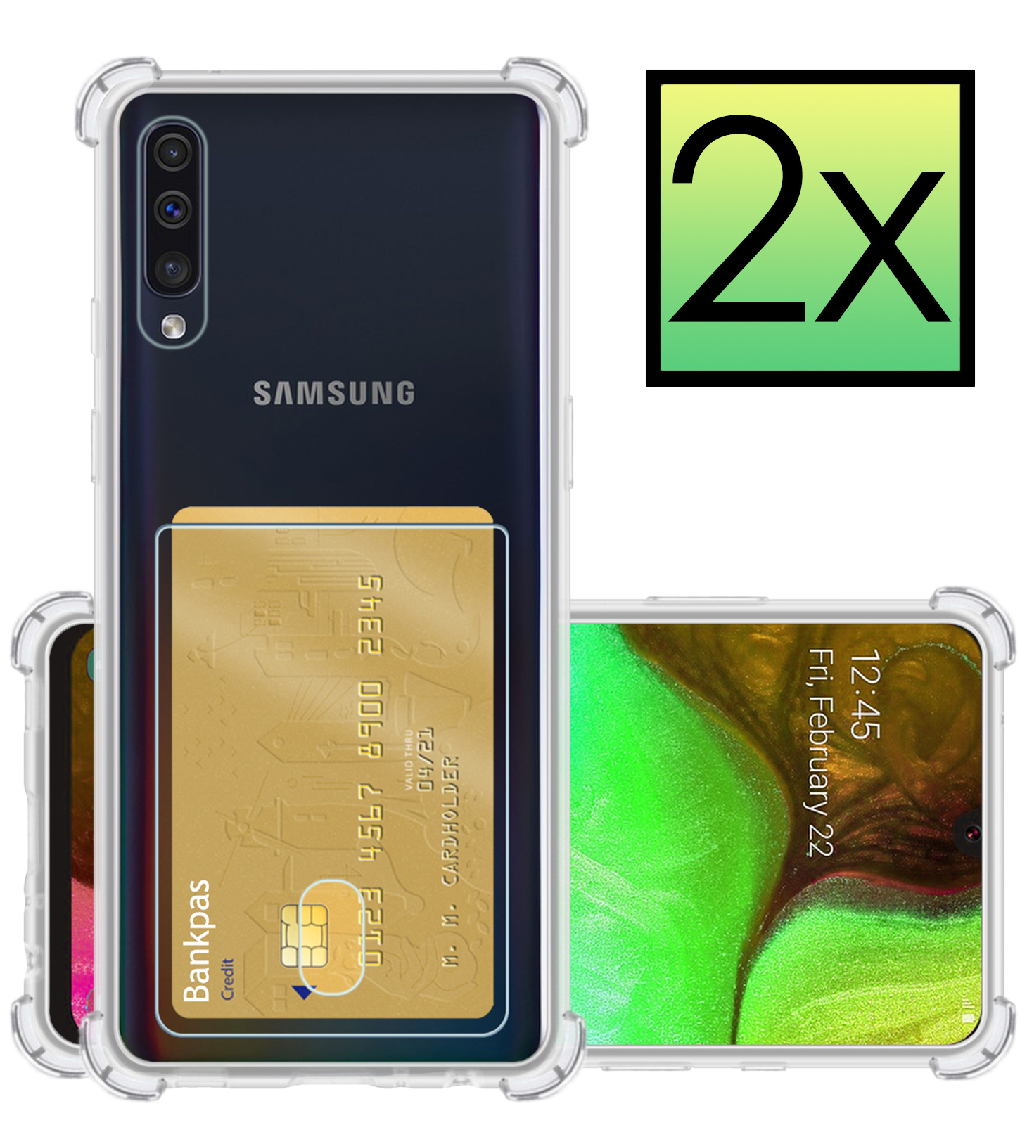 NoXx Hoes Geschikt voor Samsung A50/A50s Hoesje Pasjeshouder Cover Shock Proof Case Siliconen Hoes Met Kaarthouder - Transparant - 2x