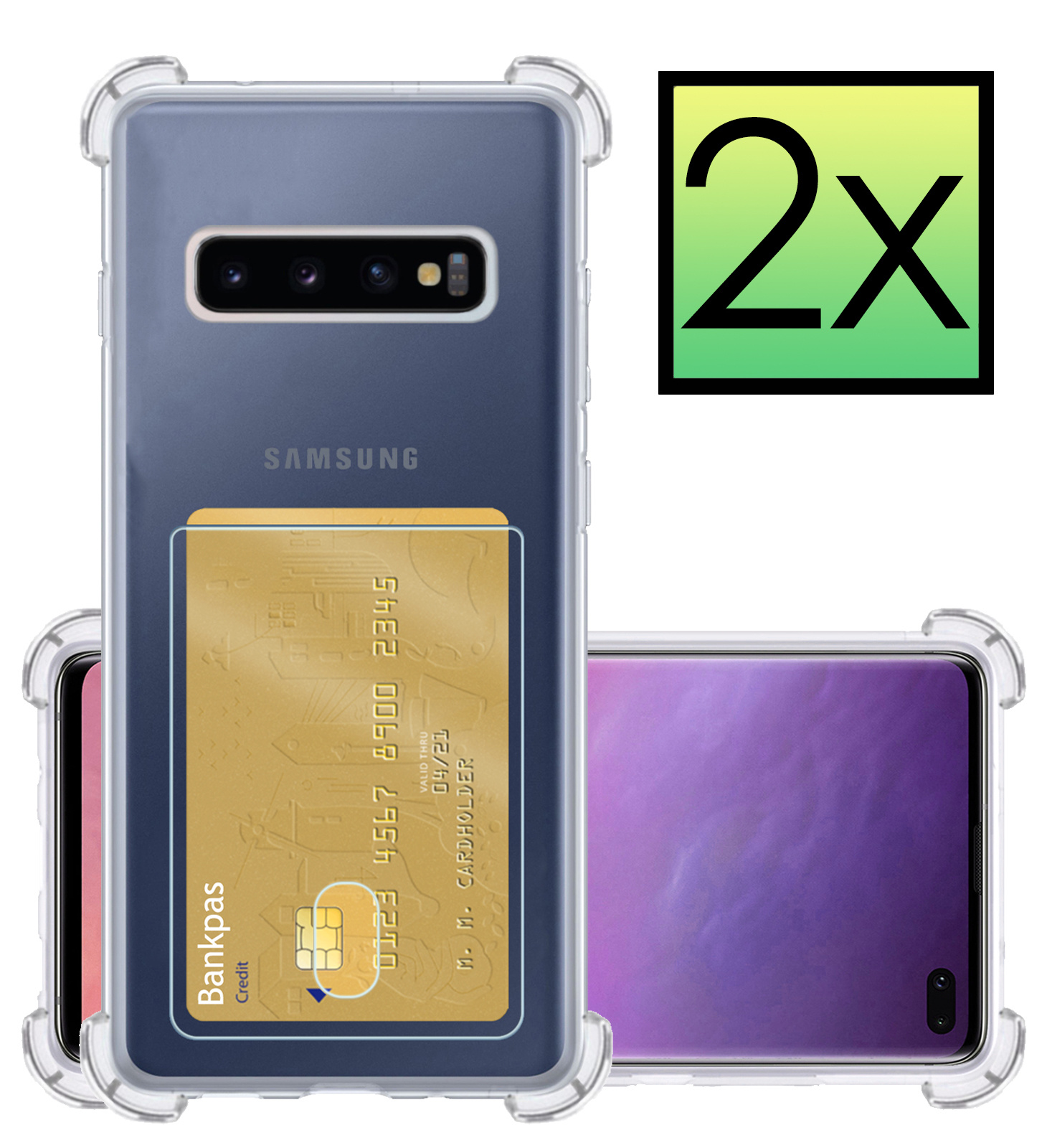 NoXx Hoes Geschikt voor Samsung S10 Hoesje Pasjeshouder Cover Shock Proof Case Siliconen Hoes Met Kaarthouder - Transparant - 2x