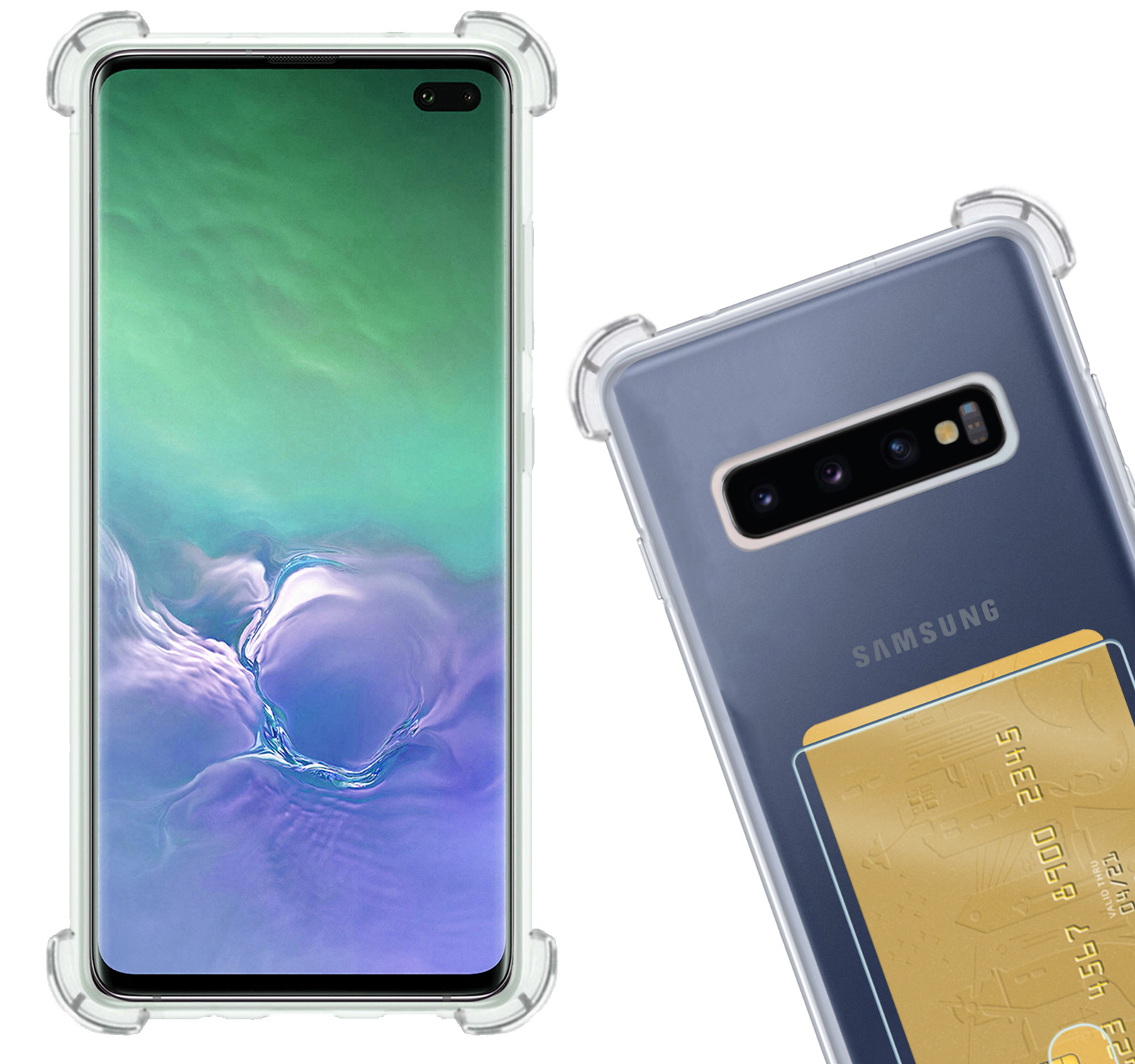 Nomfy Hoesje Geschikt voor Samsung S10 Hoesje Pasjeshouder Shockproof Pas Houder - Hoesje Geschikt voor Samsung Galaxy S10 Hoes Met Kaarthouder - Transparant - 2 PACK