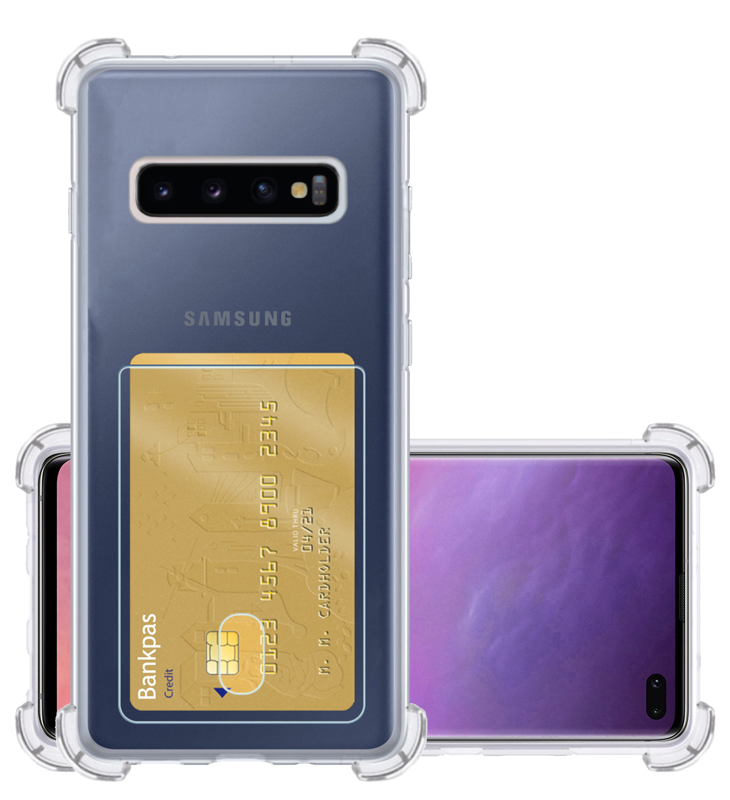 NoXx Hoes Geschikt voor Samsung S10 Plus Hoesje Pasjeshouder Cover Shock Proof Case Siliconen Hoes Met Kaarthouder - Transparant
