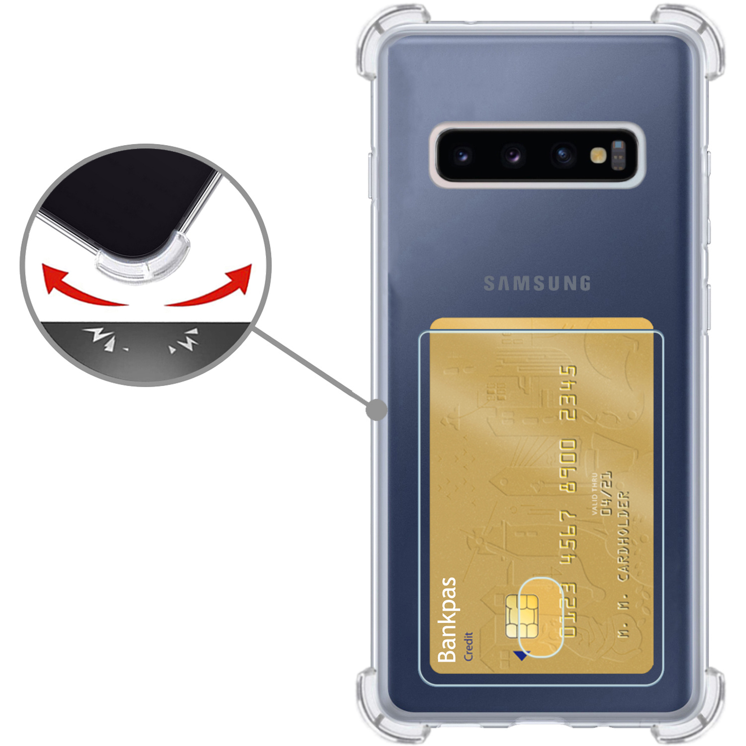 Nomfy Hoesje Geschikt voor Samsung S10 Plus Hoesje Pasjeshouder Shockproof Pas Houder - Hoesje Geschikt voor Samsung Galaxy S10 Plus Hoes Met Kaarthouder - Transparant