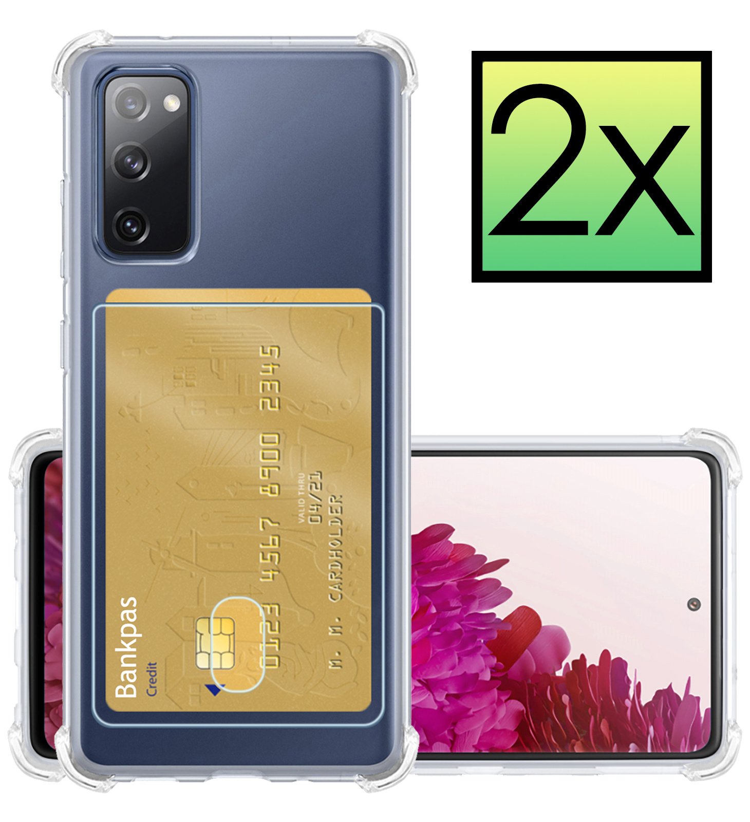 NoXx Hoes Geschikt voor Samsung S20 FE Hoesje Pasjeshouder Cover Shock Proof Case Siliconen Hoes Met Kaarthouder - Transparant - 2x