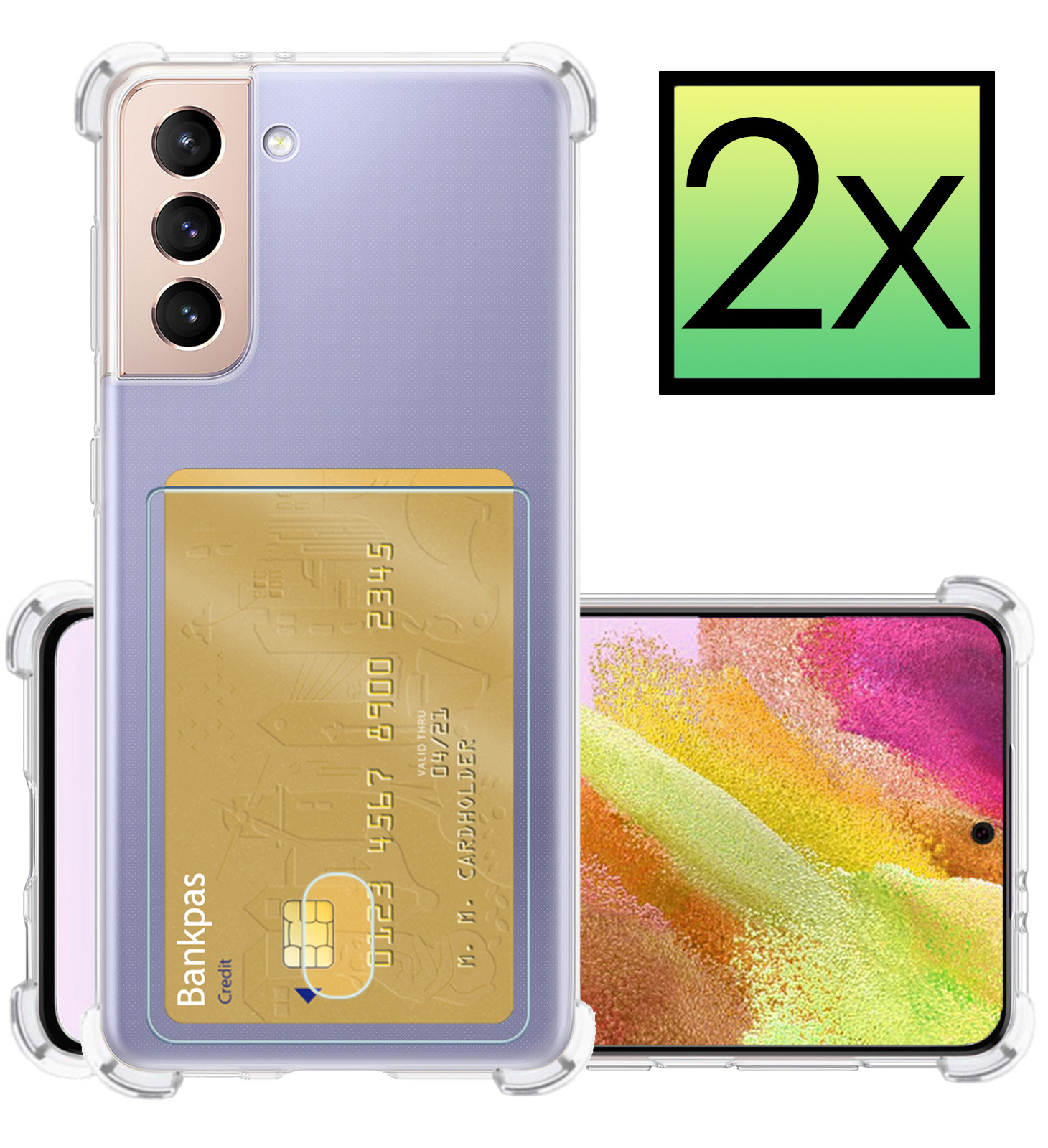 NoXx Hoes Geschikt voor Samsung S21 FE Hoesje Pasjeshouder Cover Shock Proof Case Siliconen Hoes Met Kaarthouder - Transparant - 2x