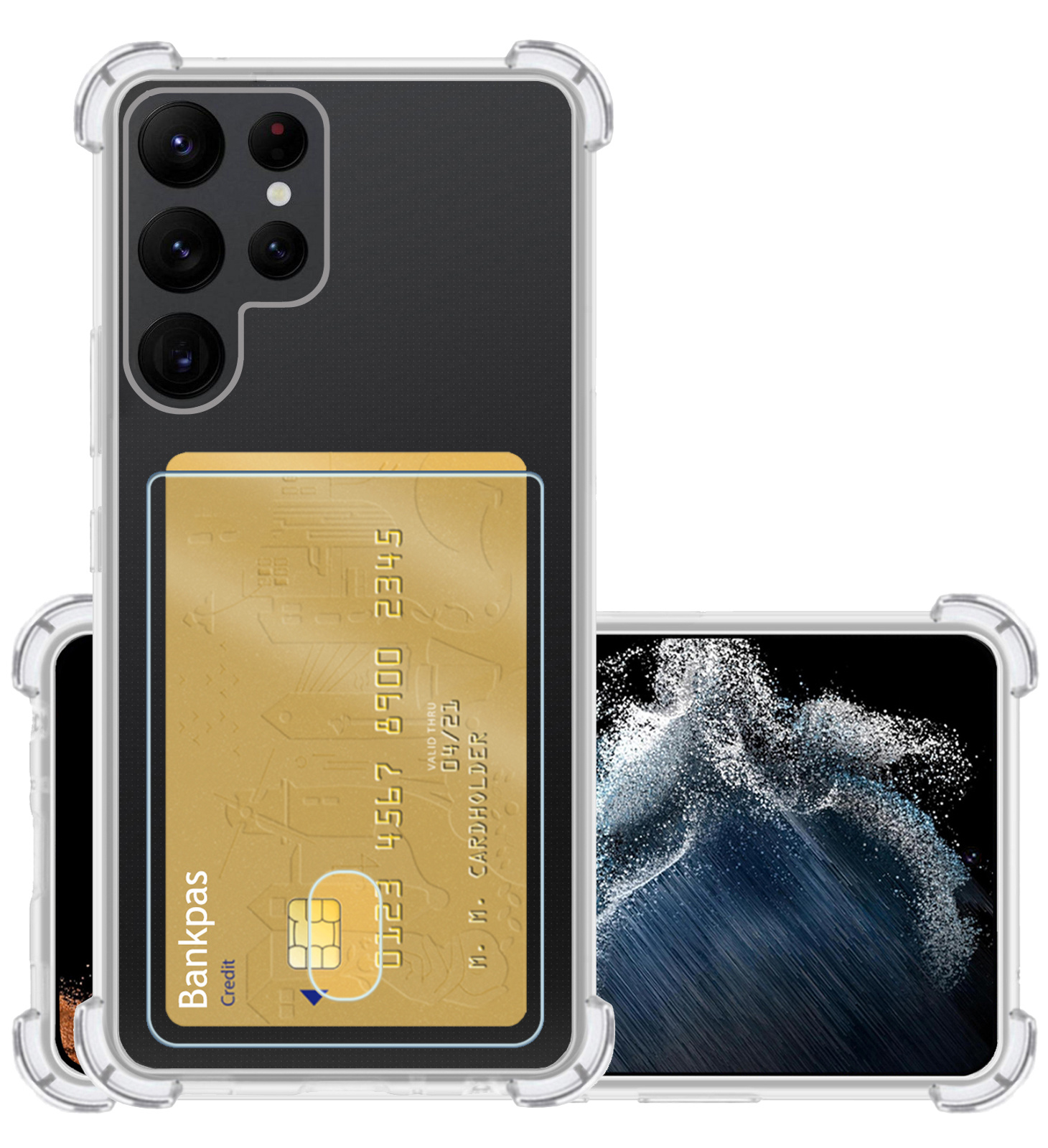 NoXx Hoes Geschikt voor Samsung S22 Ultra Hoesje Pasjeshouder Cover Shock Proof Case Siliconen Hoes Met Kaarthouder - Transparant