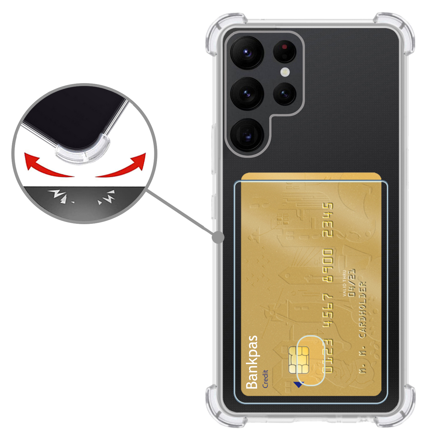 Nomfy Hoesje Geschikt voor Samsung S22 Ultra Hoesje Pasjeshouder Shockproof Pas Houder - Hoesje Geschikt voor Samsung Galaxy S22 Ultra Hoes Met Kaarthouder - Transparant - 2 PACK