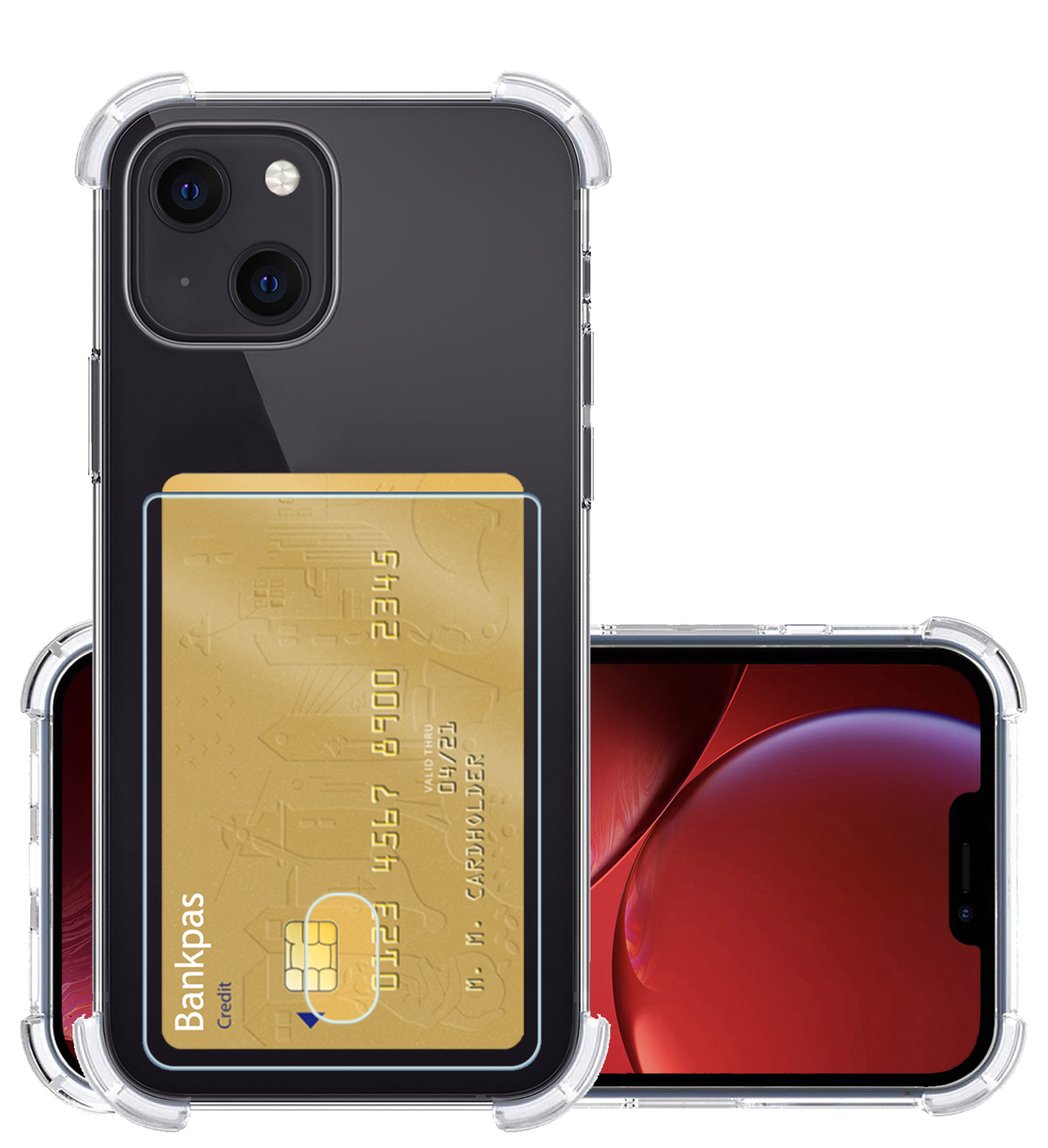 NoXx Hoes Geschikt voor iPhone 13 Mini Hoesje Pasjeshouder Cover Shock Proof Case Siliconen Hoes Met Kaarthouder - Transparant
