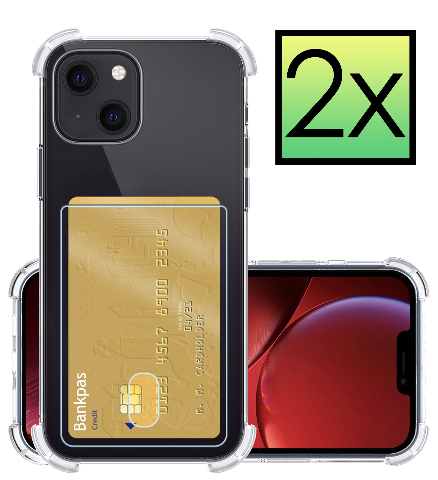 NoXx Hoes Geschikt voor iPhone 13 Hoesje Pasjeshouder Cover Shock Proof Case Siliconen Hoes Met Kaarthouder - Transparant - 2x