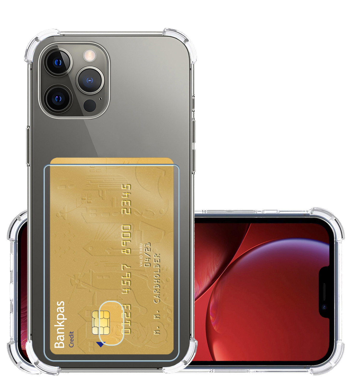 NoXx Hoes Geschikt voor iPhone 13 Pro Hoesje Pasjeshouder Cover Shock Proof Case Siliconen Hoes Met Kaarthouder - Transparant