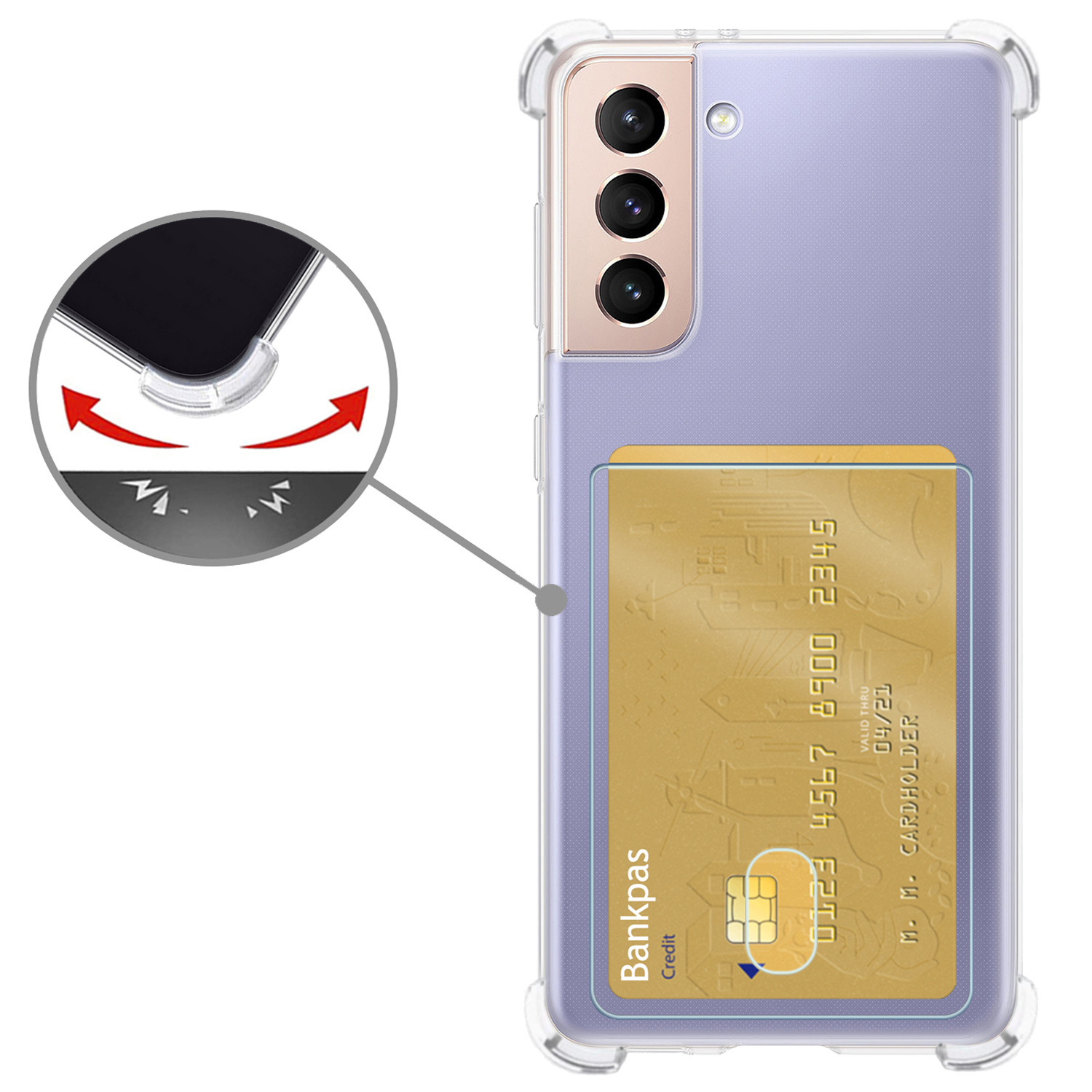 Nomfy Hoesje Geschikt voor Samsung S21 FE Hoesje Pasjeshouder Shockproof Pas Houder Met 2x Screenprotector - Hoesje Geschikt voor Samsung Galaxy S21 FE Hoes Met Kaarthouder - Transparant
