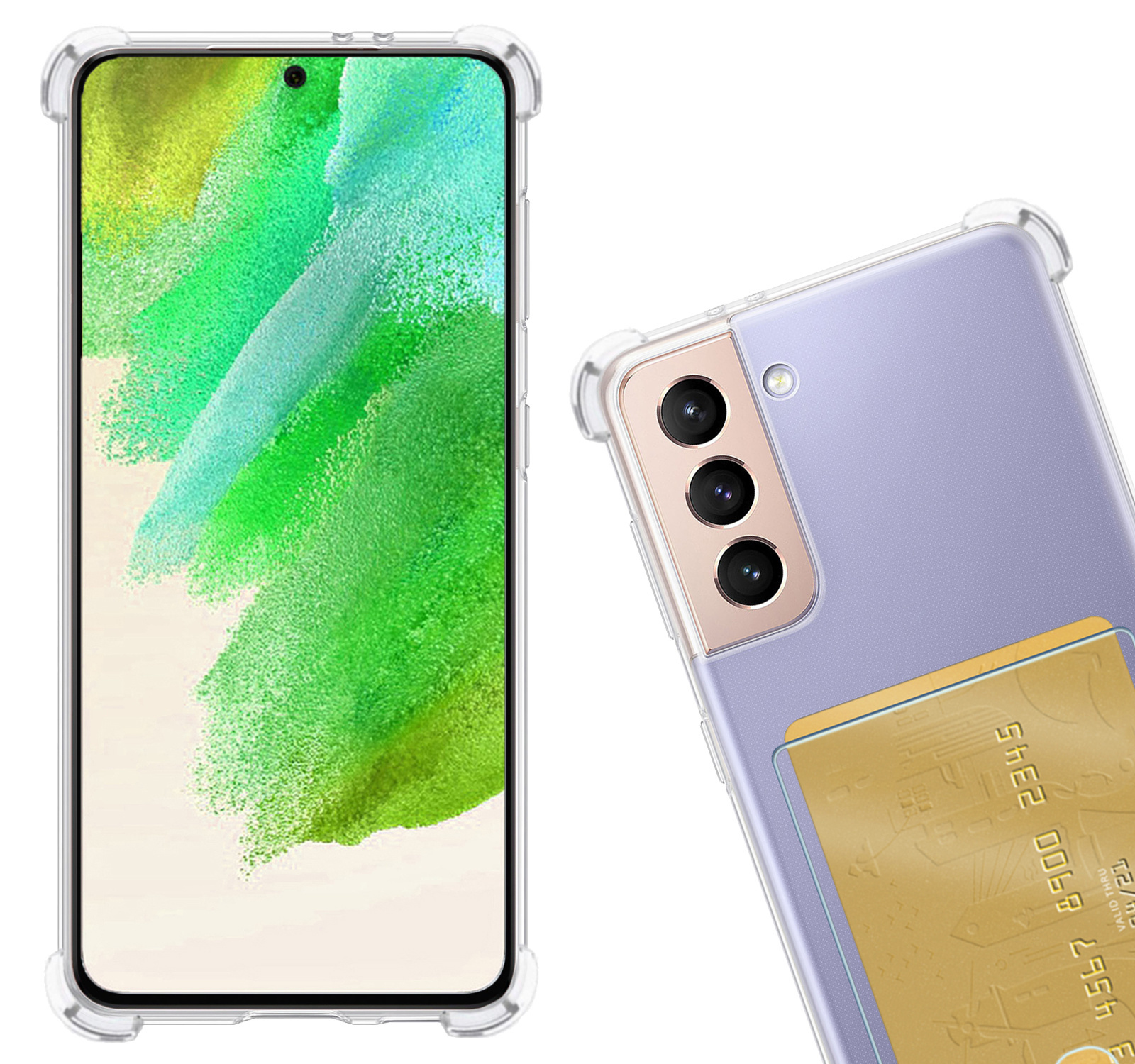 Nomfy Hoesje Geschikt voor Samsung S21 FE Hoesje Pasjeshouder Shockproof Pas Houder Met 2x Screenprotector - Hoesje Geschikt voor Samsung Galaxy S21 FE Hoes Met Kaarthouder - Transparant