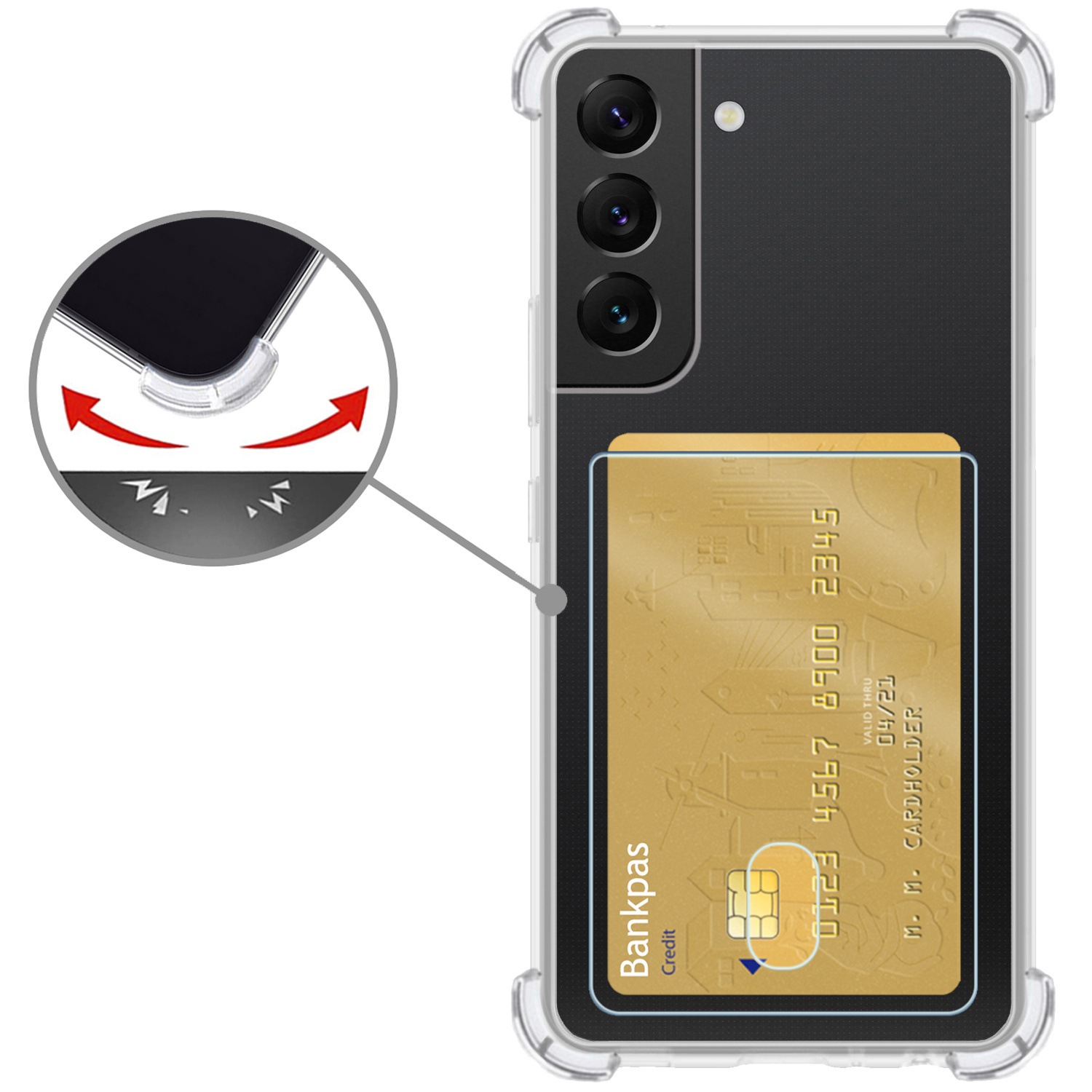 Nomfy Hoesje Geschikt voor Samsung S22 Hoesje Pasjeshouder Shockproof Pas Houder Met 2x Screenprotector - Hoesje Geschikt voor Samsung Galaxy S22 Hoes Met Kaarthouder - Transparant