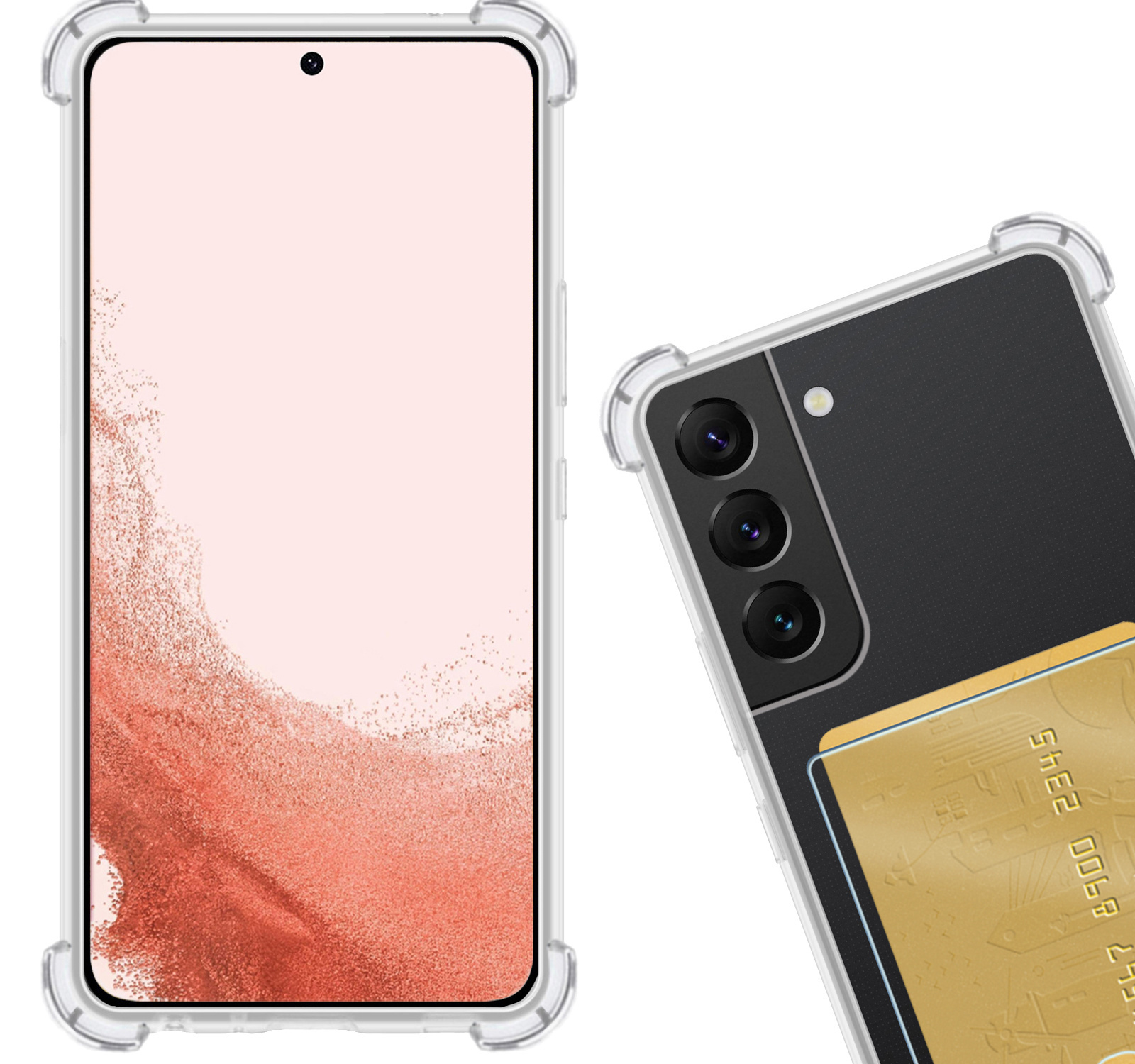 Nomfy Hoesje Geschikt voor Samsung S22 Hoesje Pasjeshouder Shockproof Pas Houder Met 2x Screenprotector - Hoesje Geschikt voor Samsung Galaxy S22 Hoes Met Kaarthouder - Transparant