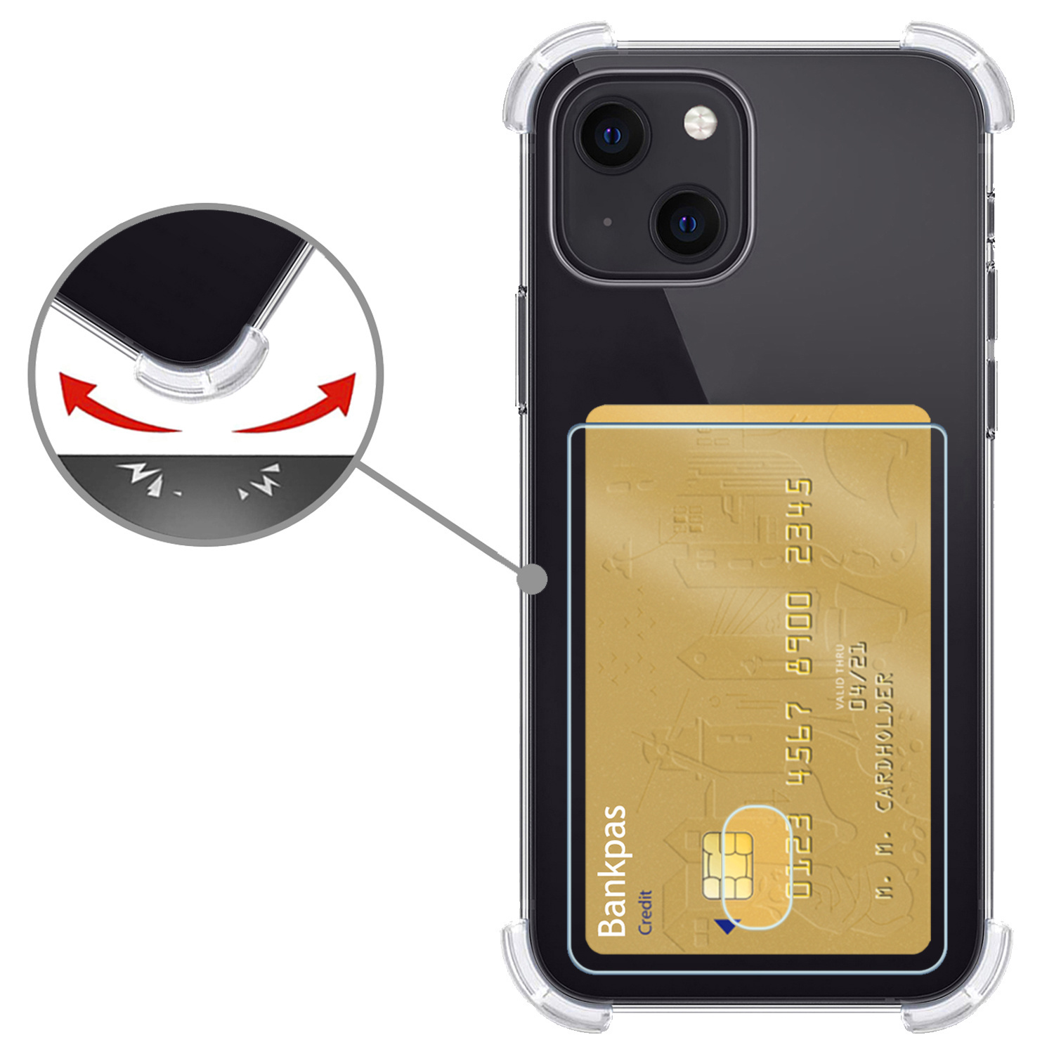 Nomfy Hoesje Geschikt voor iPhone 13 Hoesje Pasjeshouder Shockproof Pas Houder Met Screenprotector - Hoesje Geschikt voor iPhone 13 Hoes Met Kaarthouder - Transparant