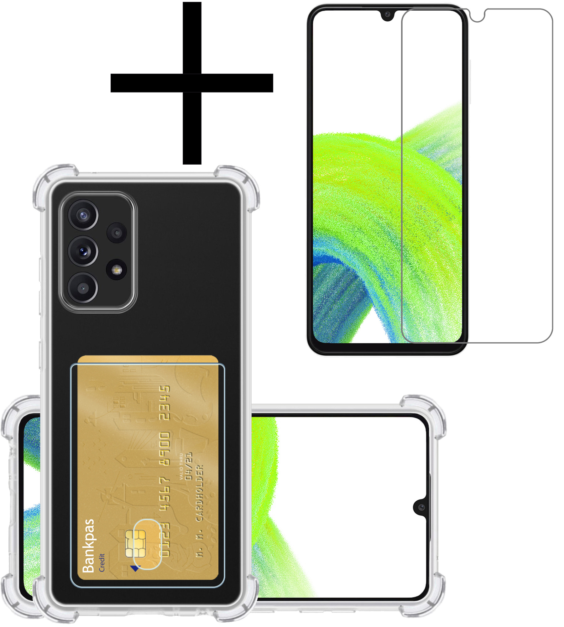 NoXx Hoes Geschikt voor Samsung A33 Hoesje Pasjeshouder Cover Shock Proof Case Siliconen Hoes Met Kaarthouder Met Screenprotector - Transparant