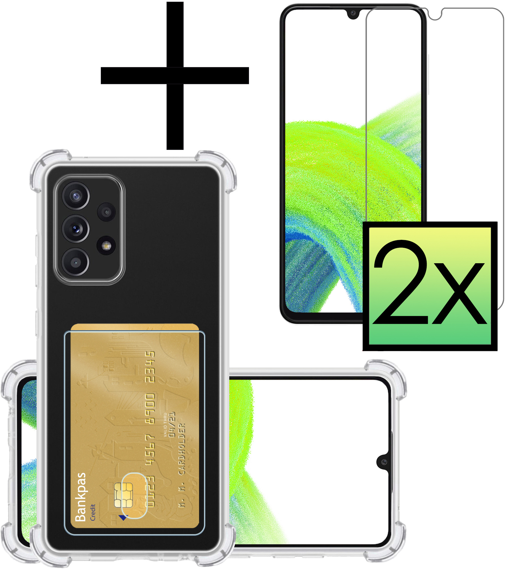 NoXx Hoes Geschikt voor Samsung A33 Hoesje Pasjeshouder Cover Shock Proof Case Siliconen Hoes Met Kaarthouder Met 2x Screenprotector - Transparant