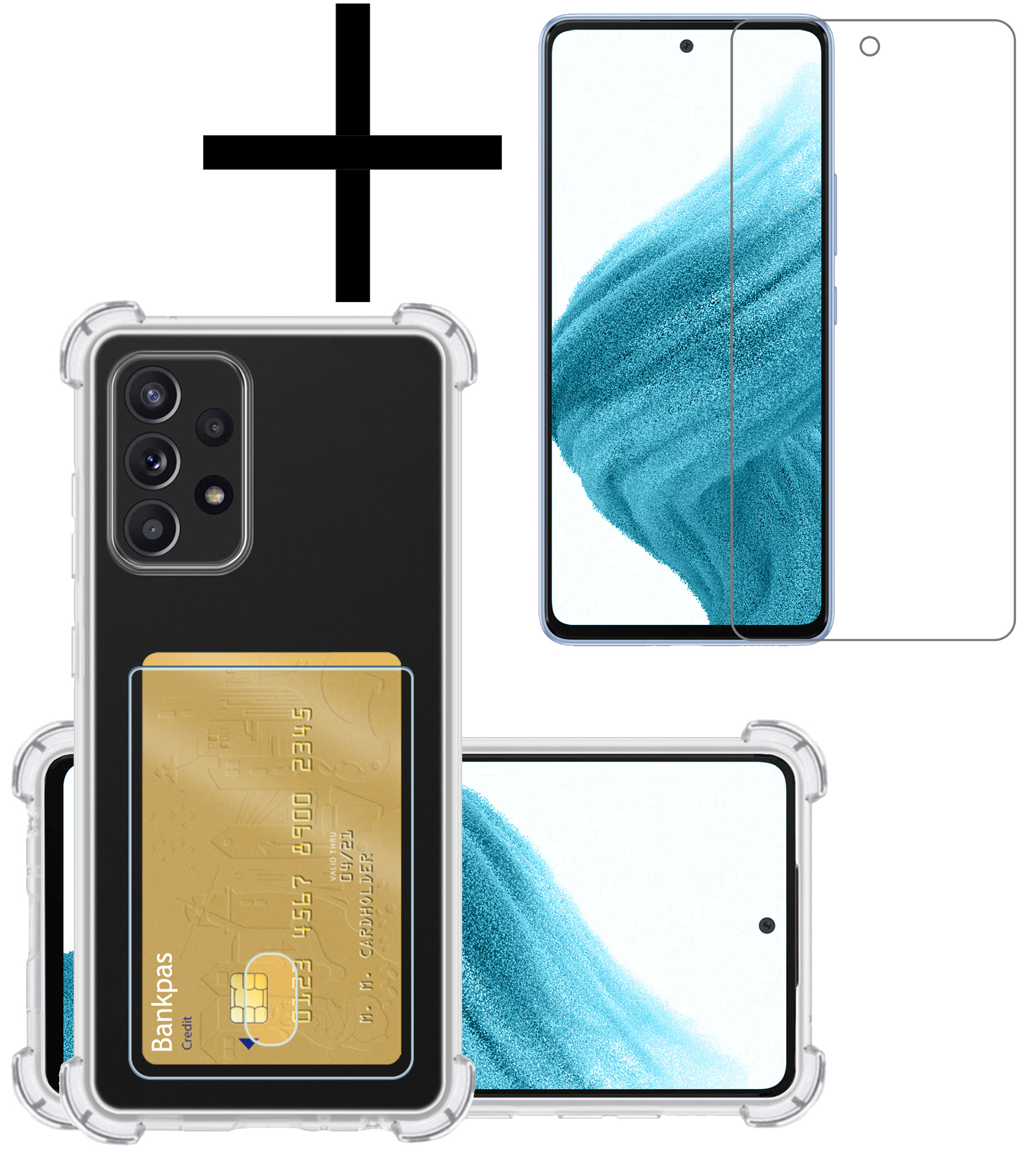 NoXx Hoes Geschikt voor Samsung A53 Hoesje Pasjeshouder Cover Shock Proof Case Siliconen Hoes Met Kaarthouder Met Screenprotector - Transparant
