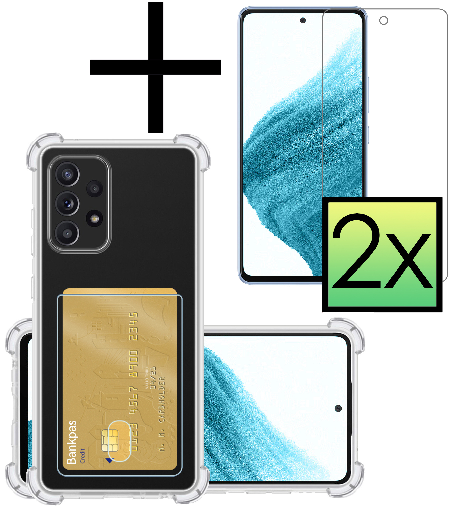 NoXx Hoes Geschikt voor Samsung A53 Hoesje Pasjeshouder Cover Shock Proof Case Siliconen Hoes Met Kaarthouder Met 2x Screenprotector - Transparant
