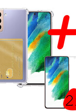 BASEY. Samsung Galaxy S21 FE Shock Hoesje En Pas Houder Met 2x Screenprotector Tempered Glass - Samsung Galaxy S21 FE Screen Protector Beschermglas Hoes Pasjeshouder - Transparant